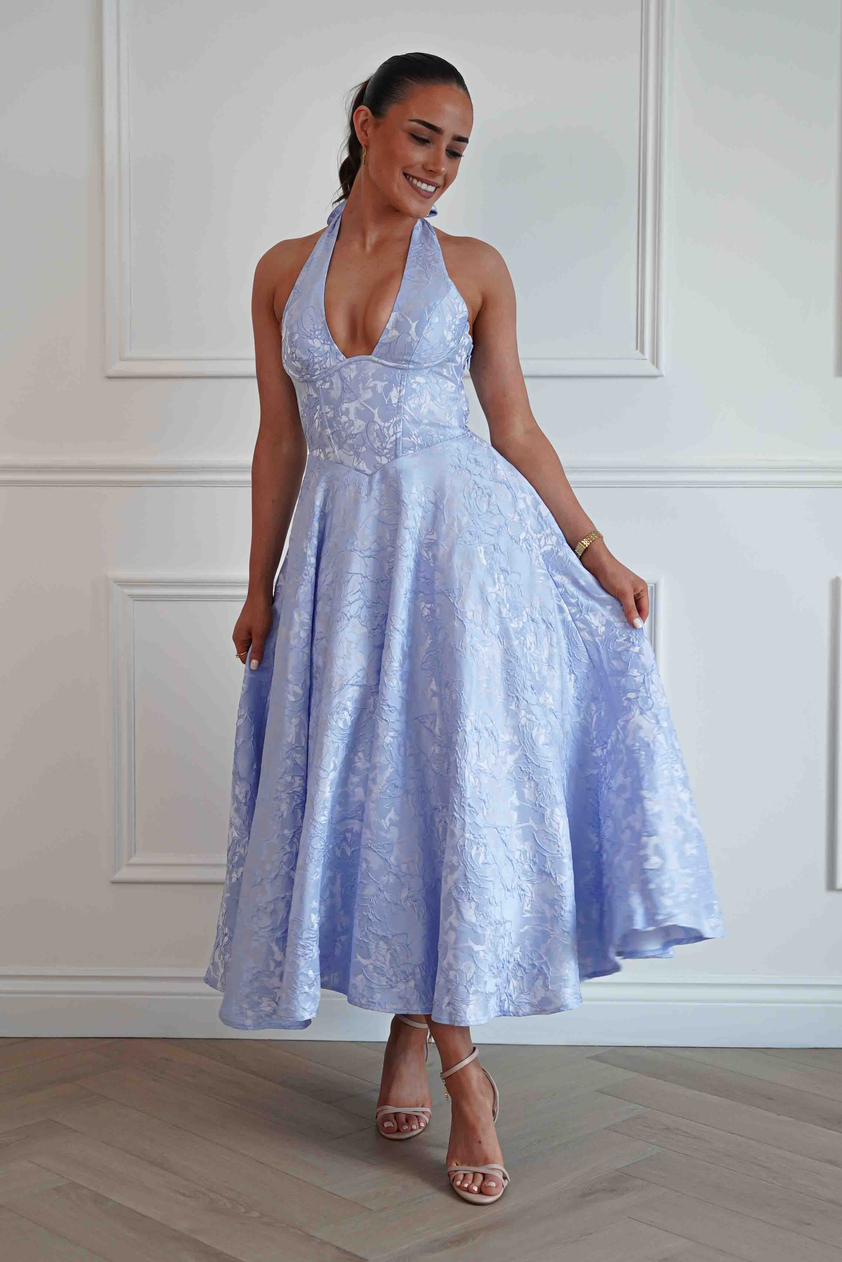 Oh Hello Clothing Women > Clothing > Dresses Mila Jacquard Plunge Midi Dress | Blue