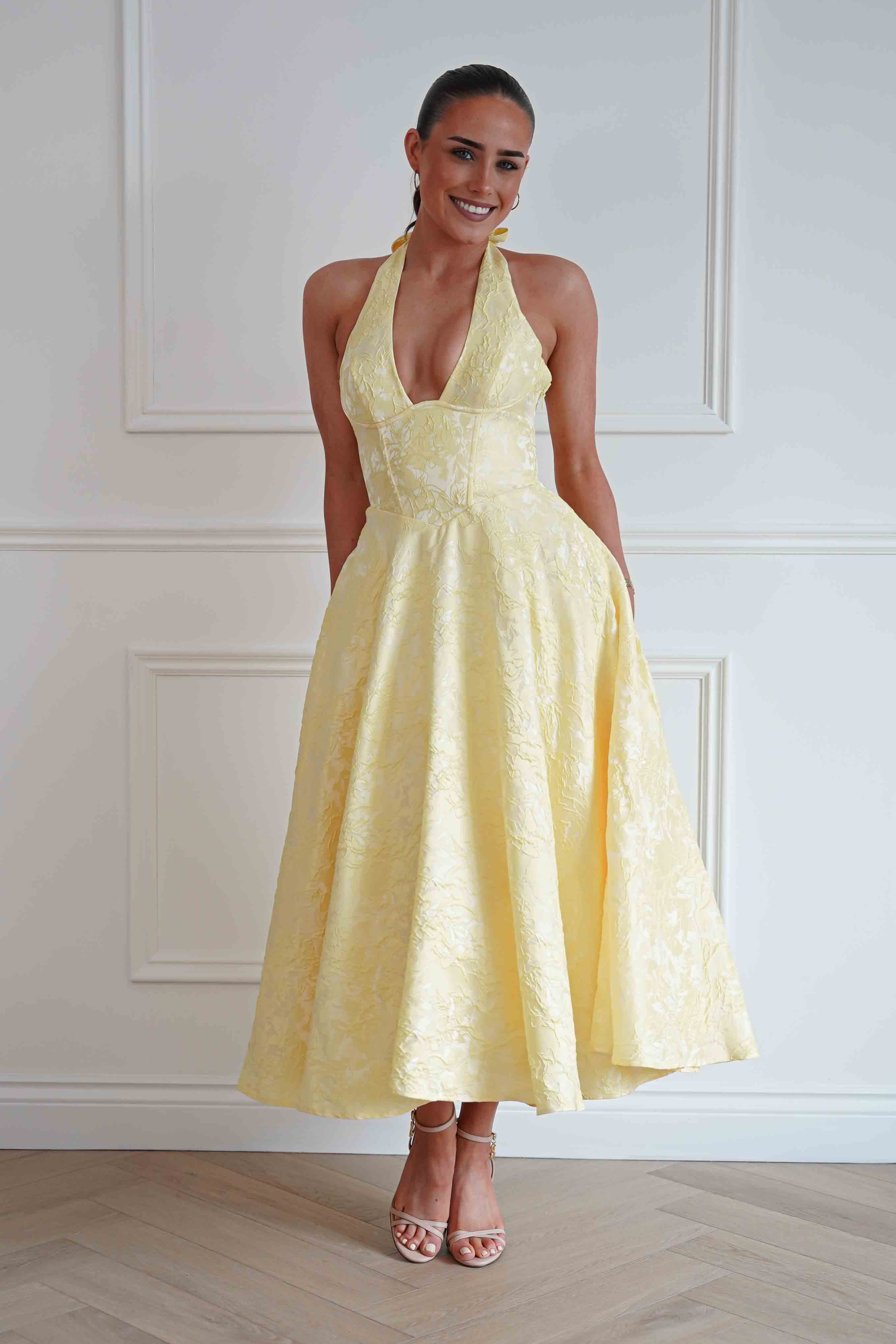 Oh Hello Clothing Women > Clothing > Dresses Mila Jacquard Plunge Midi Dress | Yellow