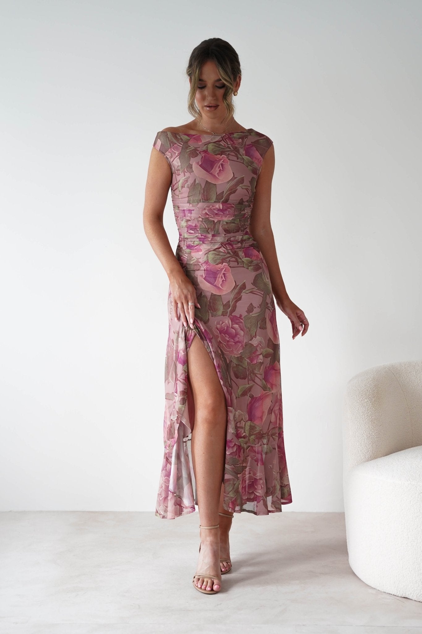 Milla Mesh Floral Bodycon Maxi Dress Blush | Wedding Guest Dress | Bodycon