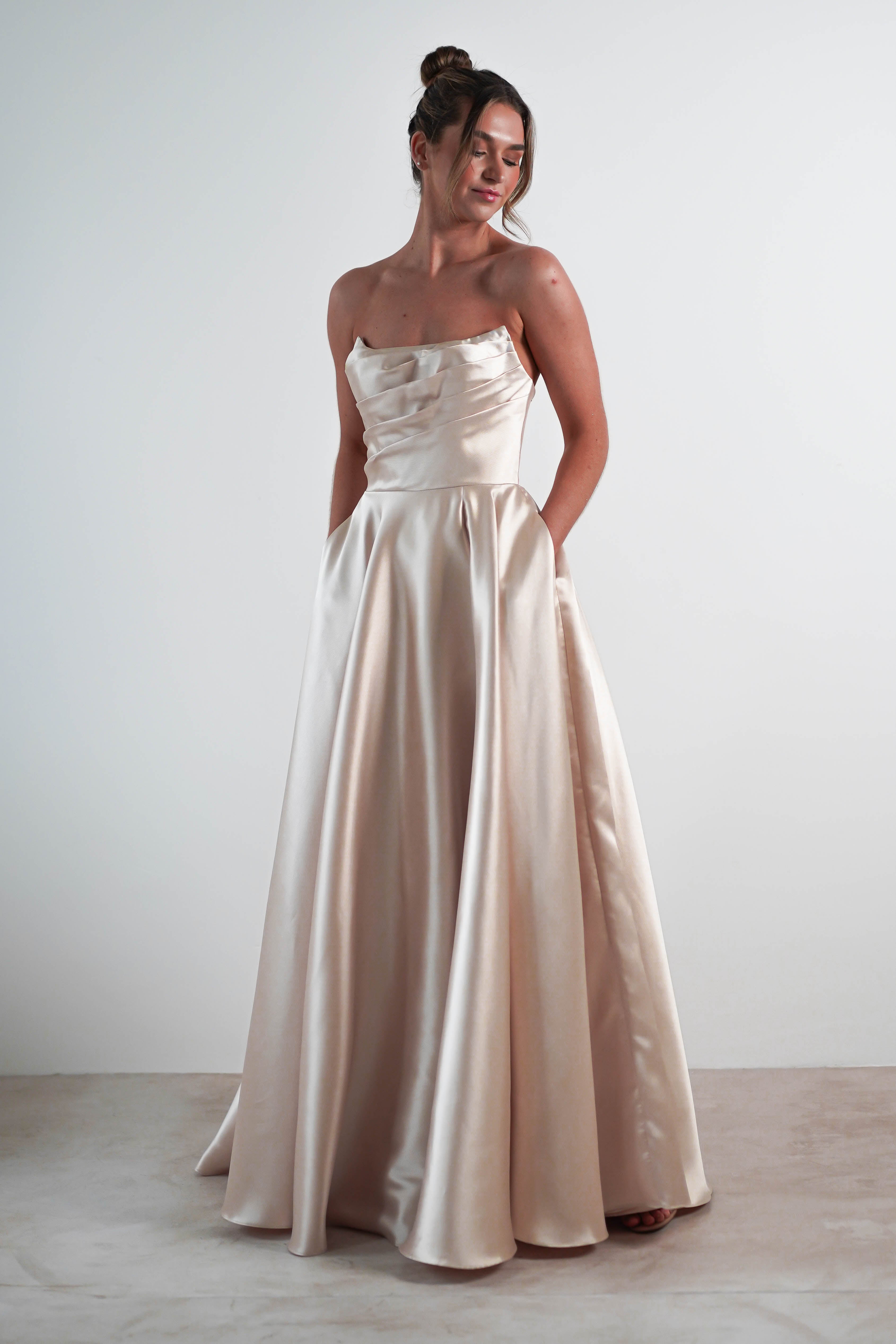 Miya Corset A-Line Satin Gown | Champagne