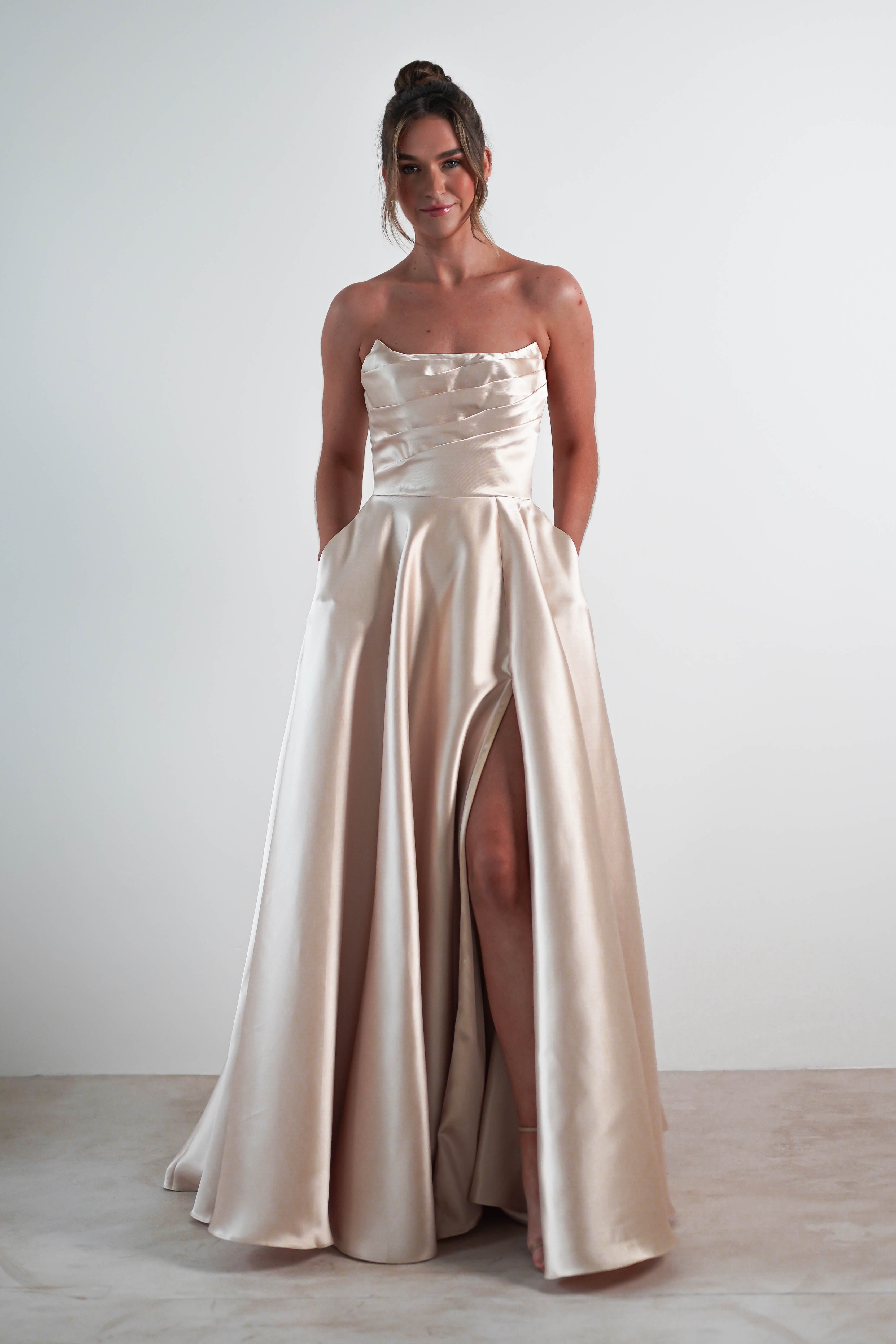 Miya Corset A-Line Satin Gown | Champagne