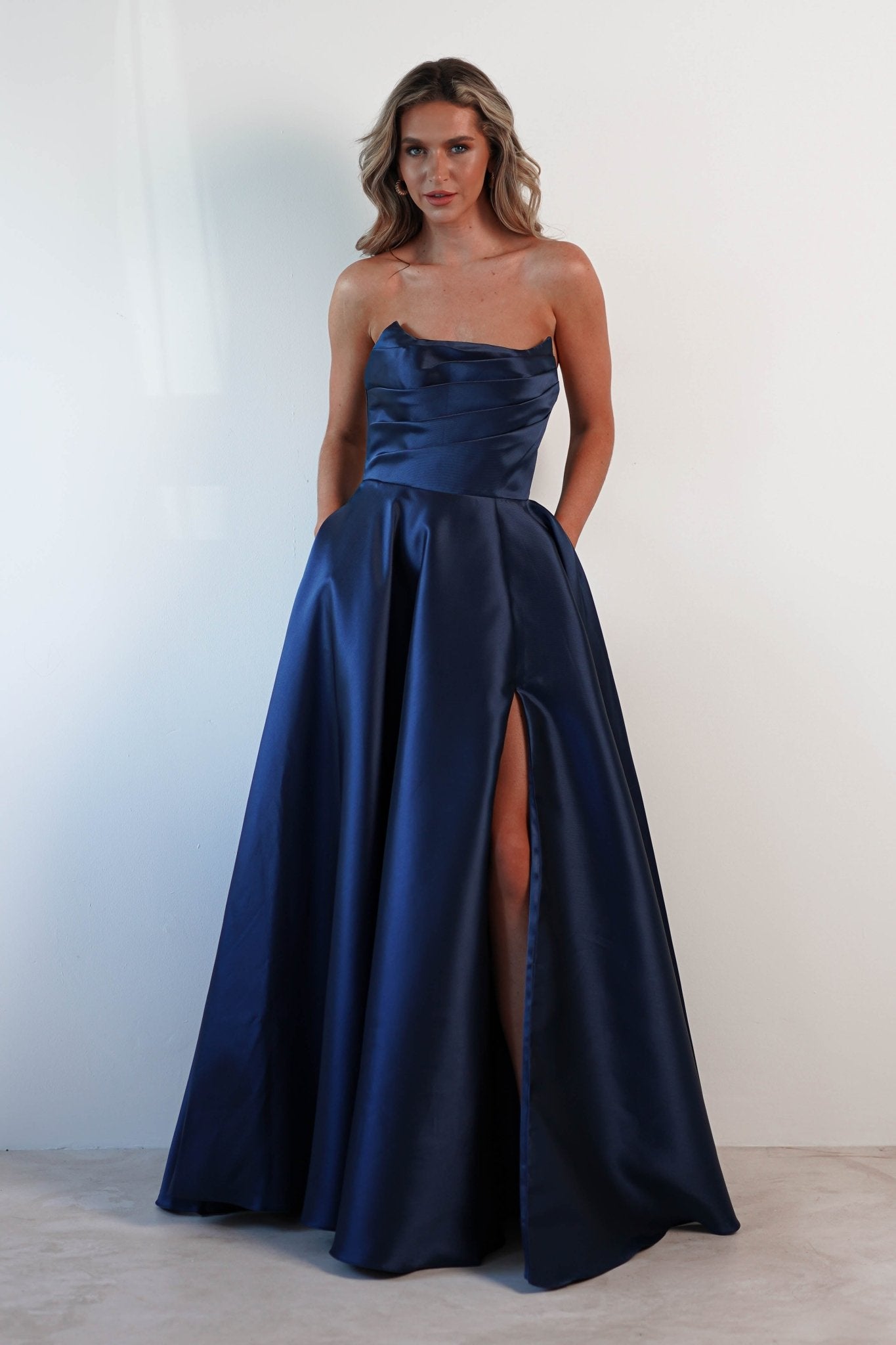 Miya Corset A - Line Satin Gown | Navy | Oh Hello Clothing | XS (6)