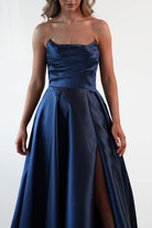 Miya Corset A-Line Satin Gown | Navy | Debs & Prom | Formal Gown | Oh Hello Clothing