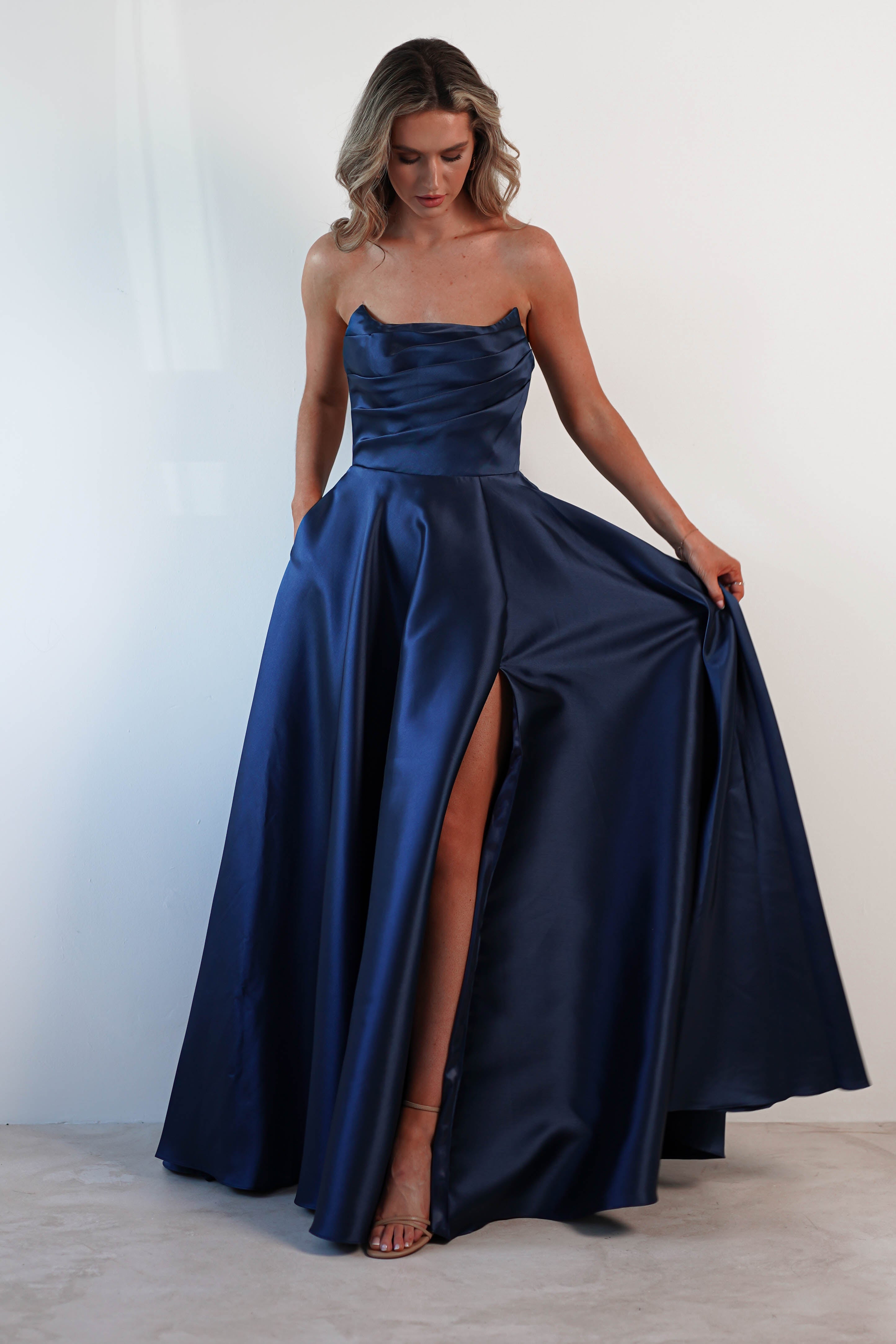 Miya Corset A-Line Satin Gown | Navy