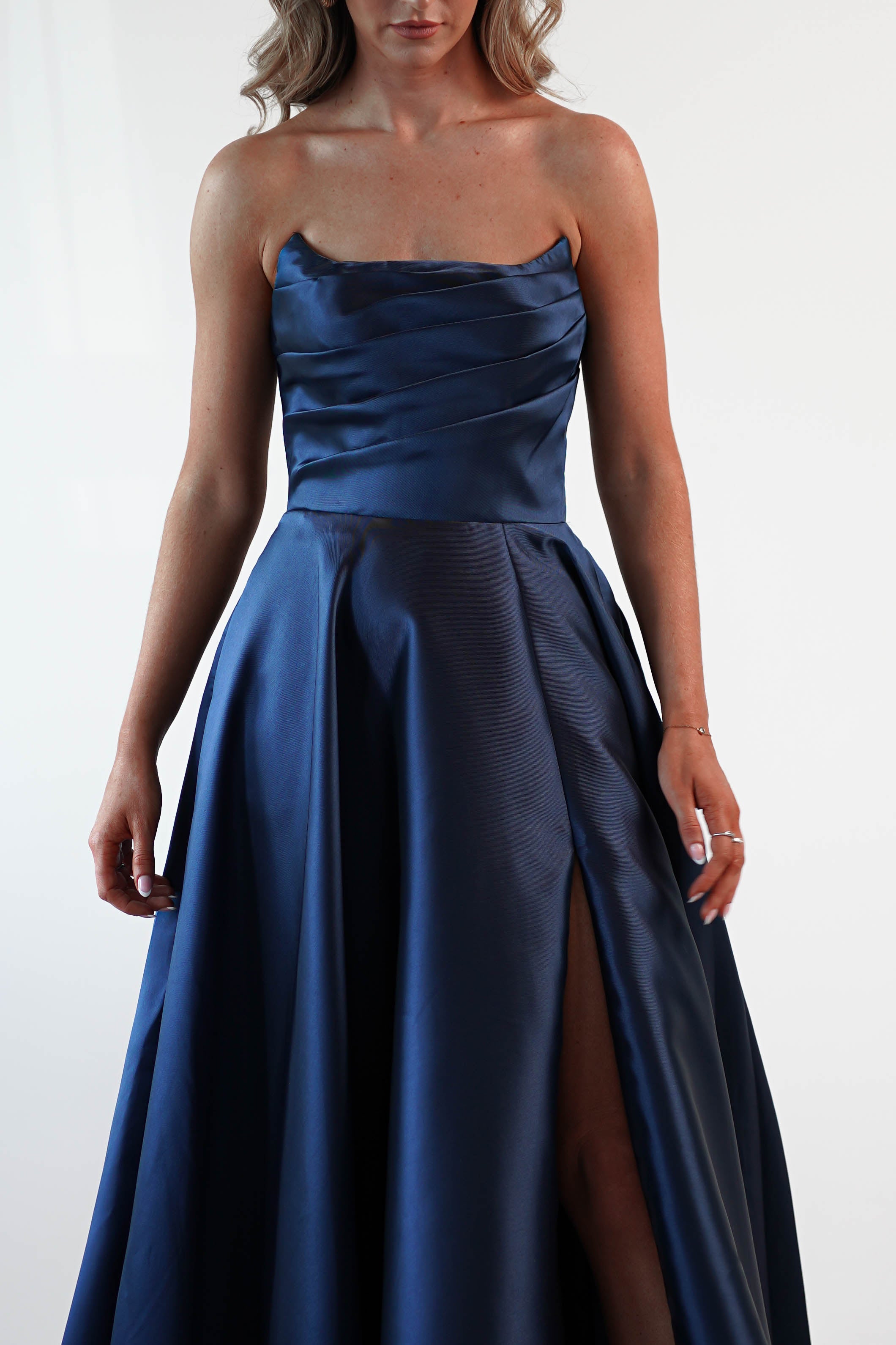 Miya Corset A-Line Satin Gown | Navy