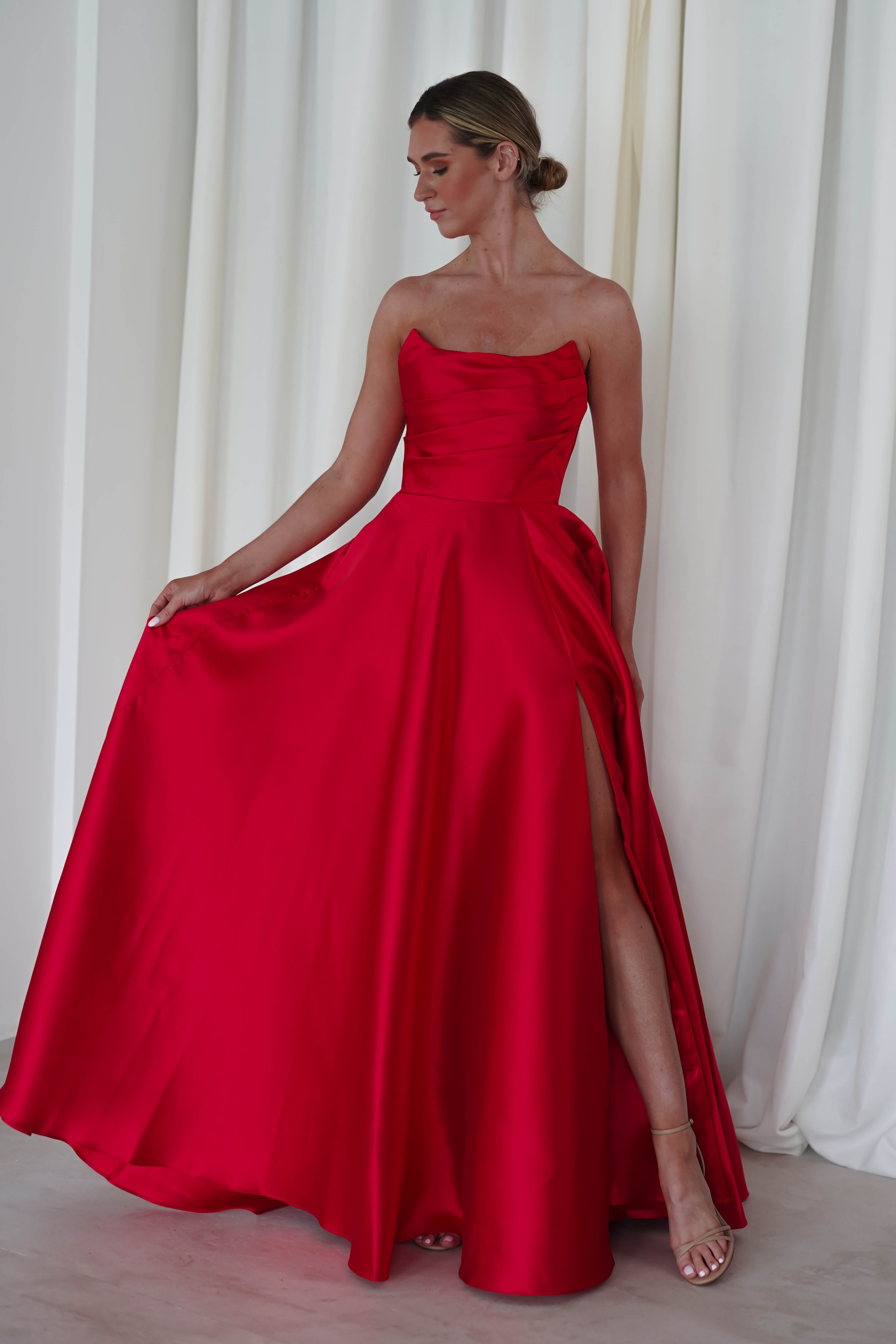 Miya Corset A-Line Satin Gown | Red