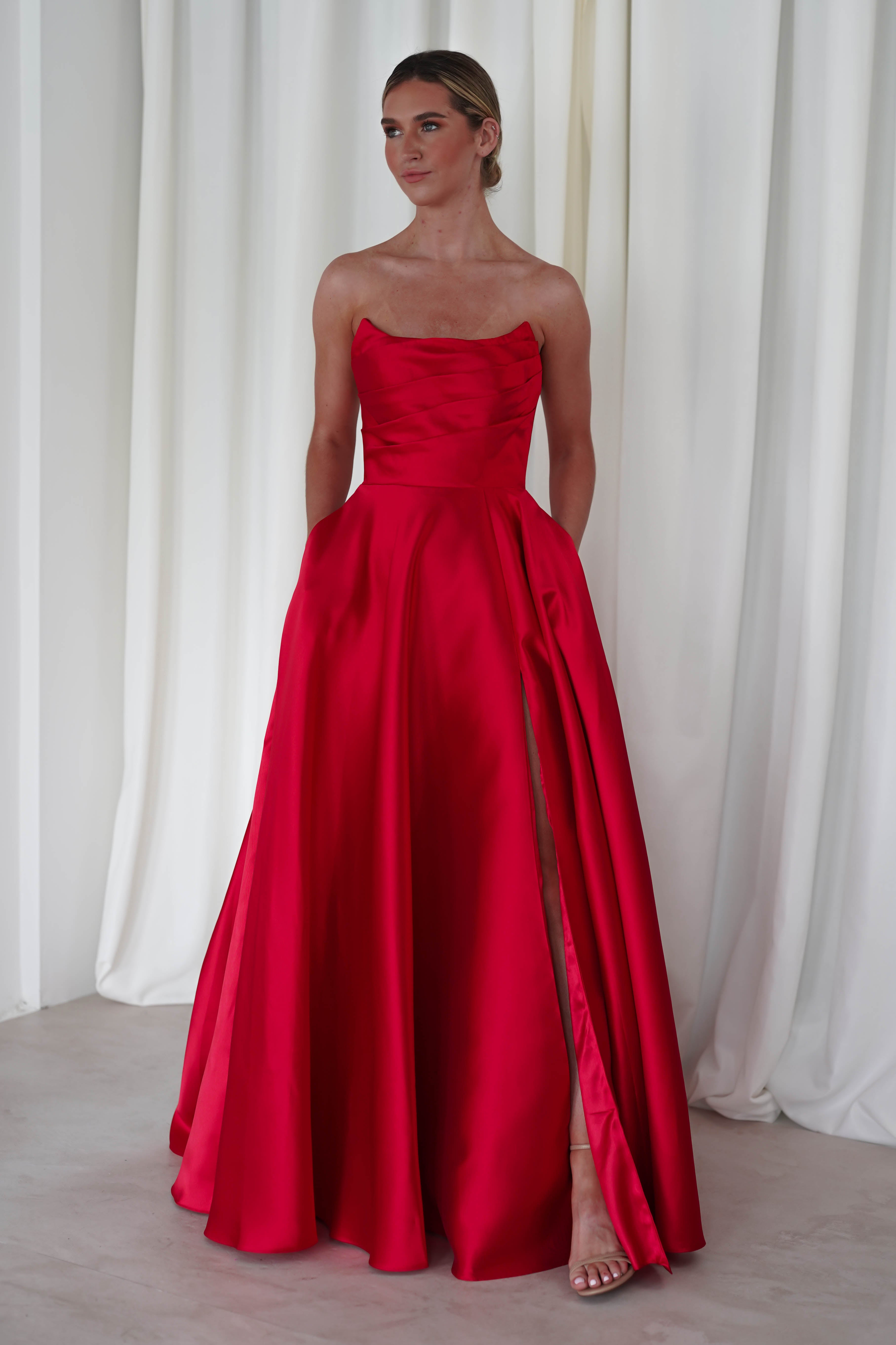 Miya Corset A-Line Satin Gown | Red