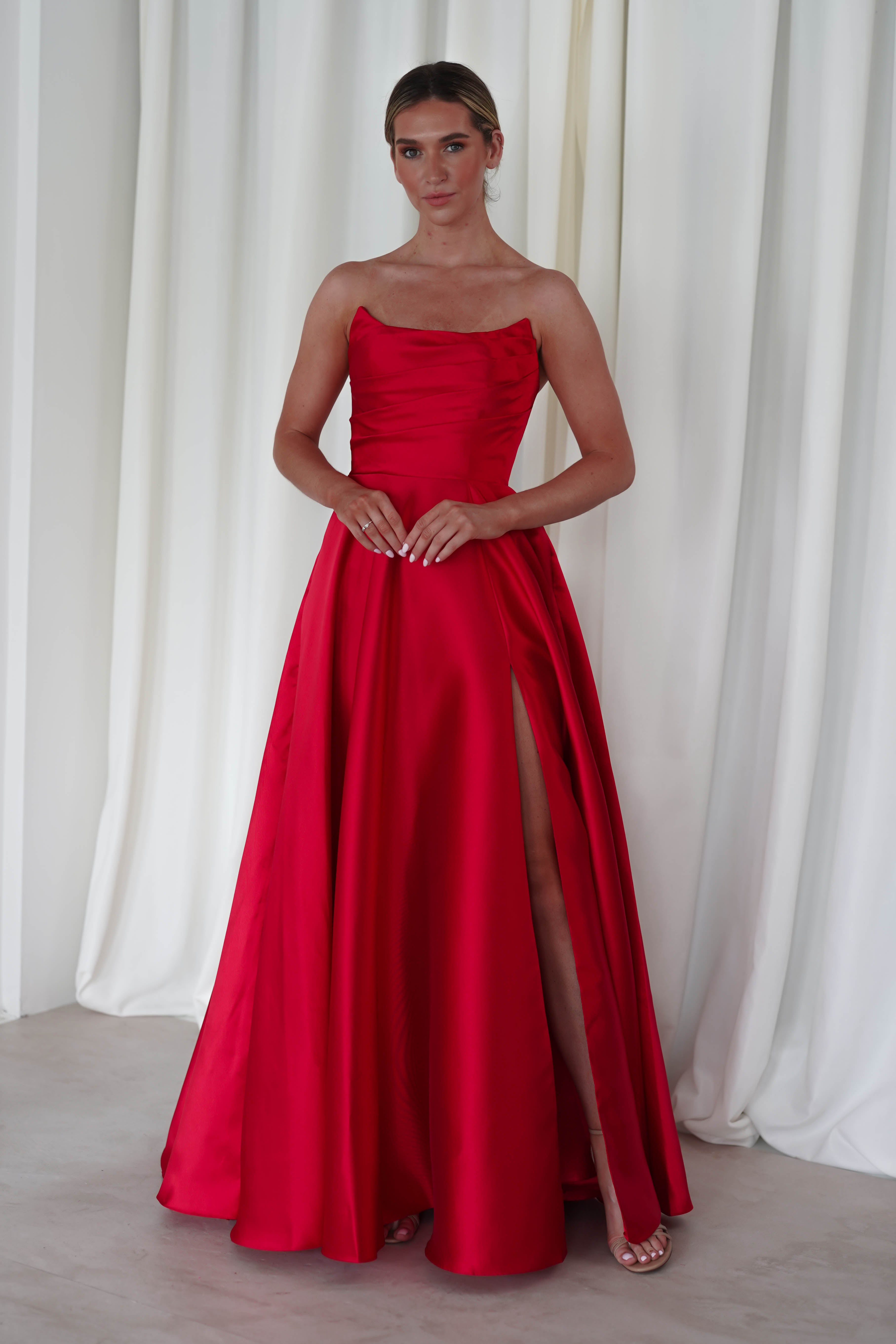 Miya Corset A-Line Satin Gown | Red