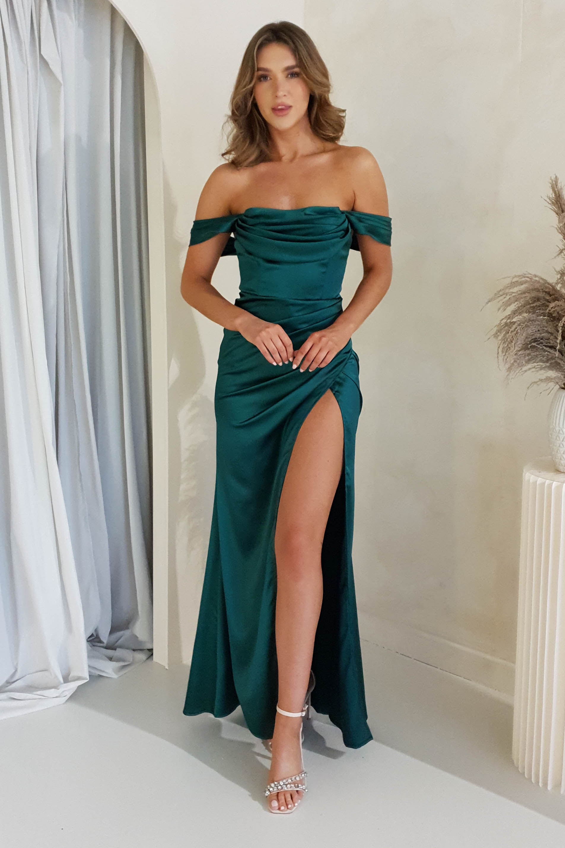 Monica schulterfreies Kleid | Smaragdgrün