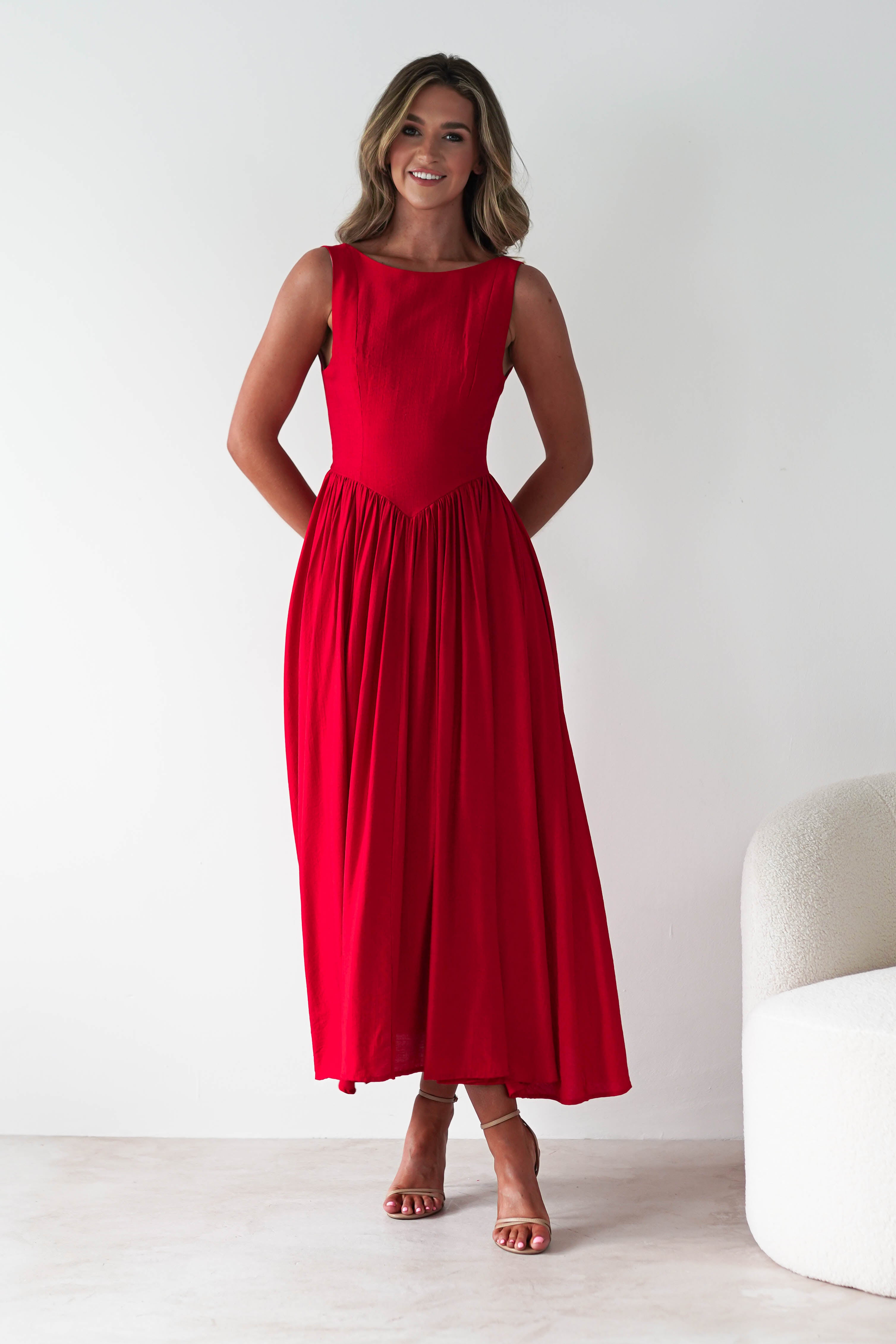 Monroe Skater Midaxi Dress | Red | Oh Hello Clothing | XS (6)