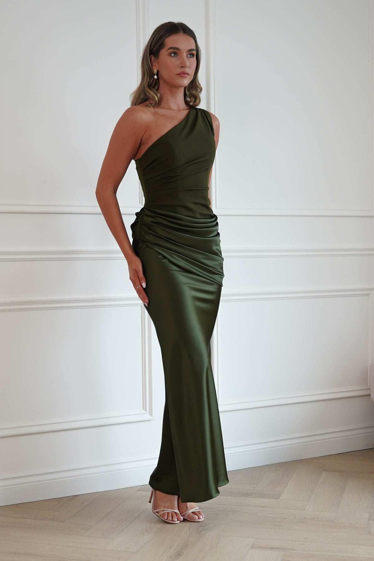 Oh Hello Clothing Dresses > Prom Dresses Nadalia One Shoulder Satin Maxi Dress | Olive