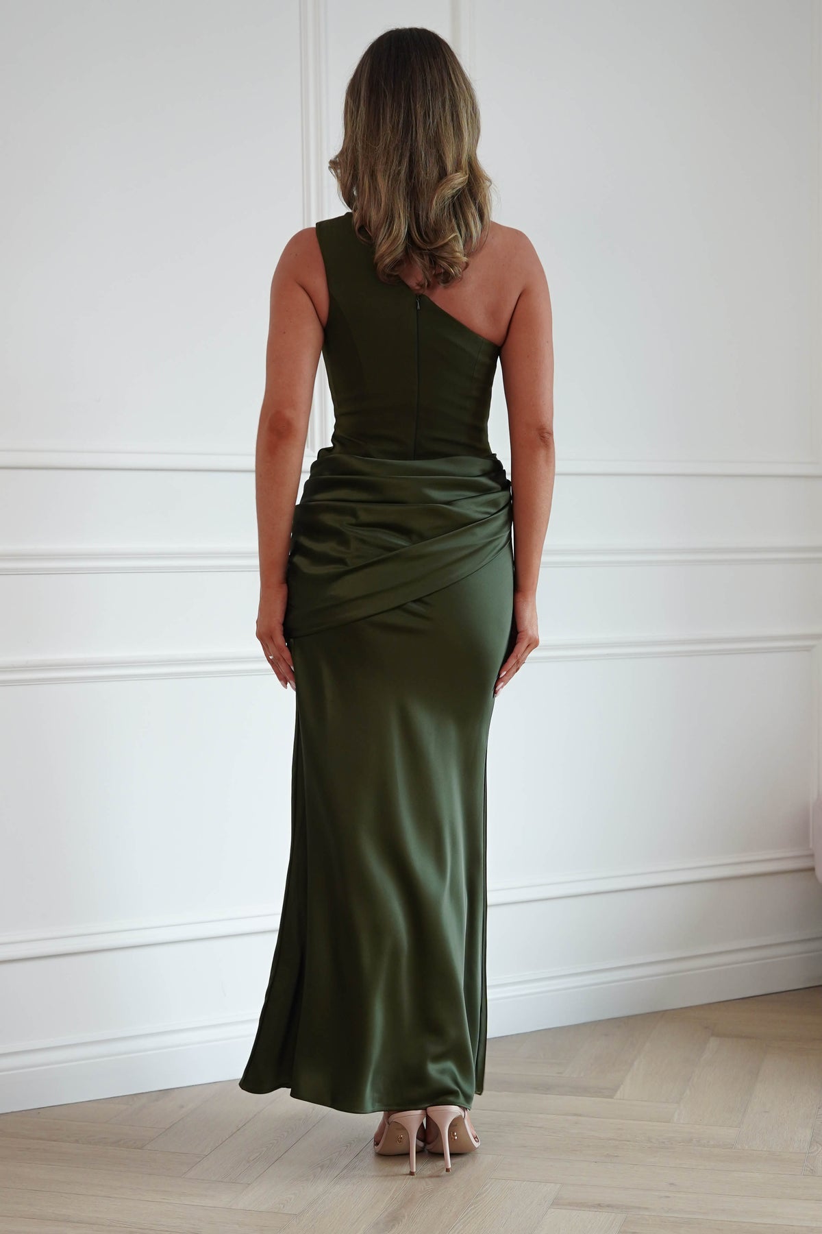 Oh Hello Clothing Dresses > Prom Dresses Nadalia One Shoulder Satin Maxi Dress | Olive