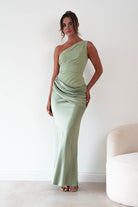 Oh Hello Clothing Dresses > Prom Dresses Nadalia One Shoulder Satin Maxi Dress | Sage