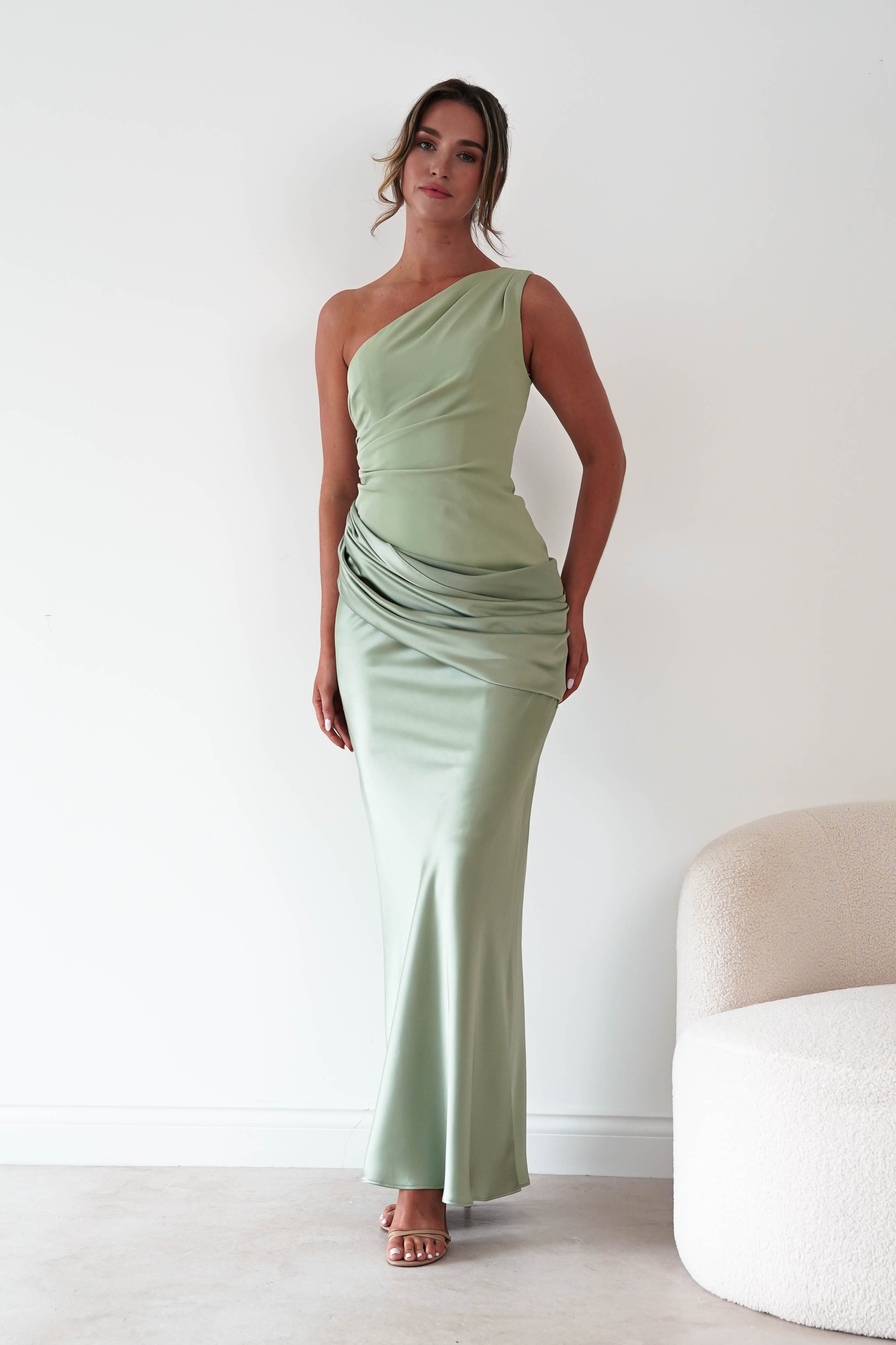 Oh Hello Clothing Dresses > Prom Dresses Nadalia One Shoulder Satin Maxi Dress | Sage
