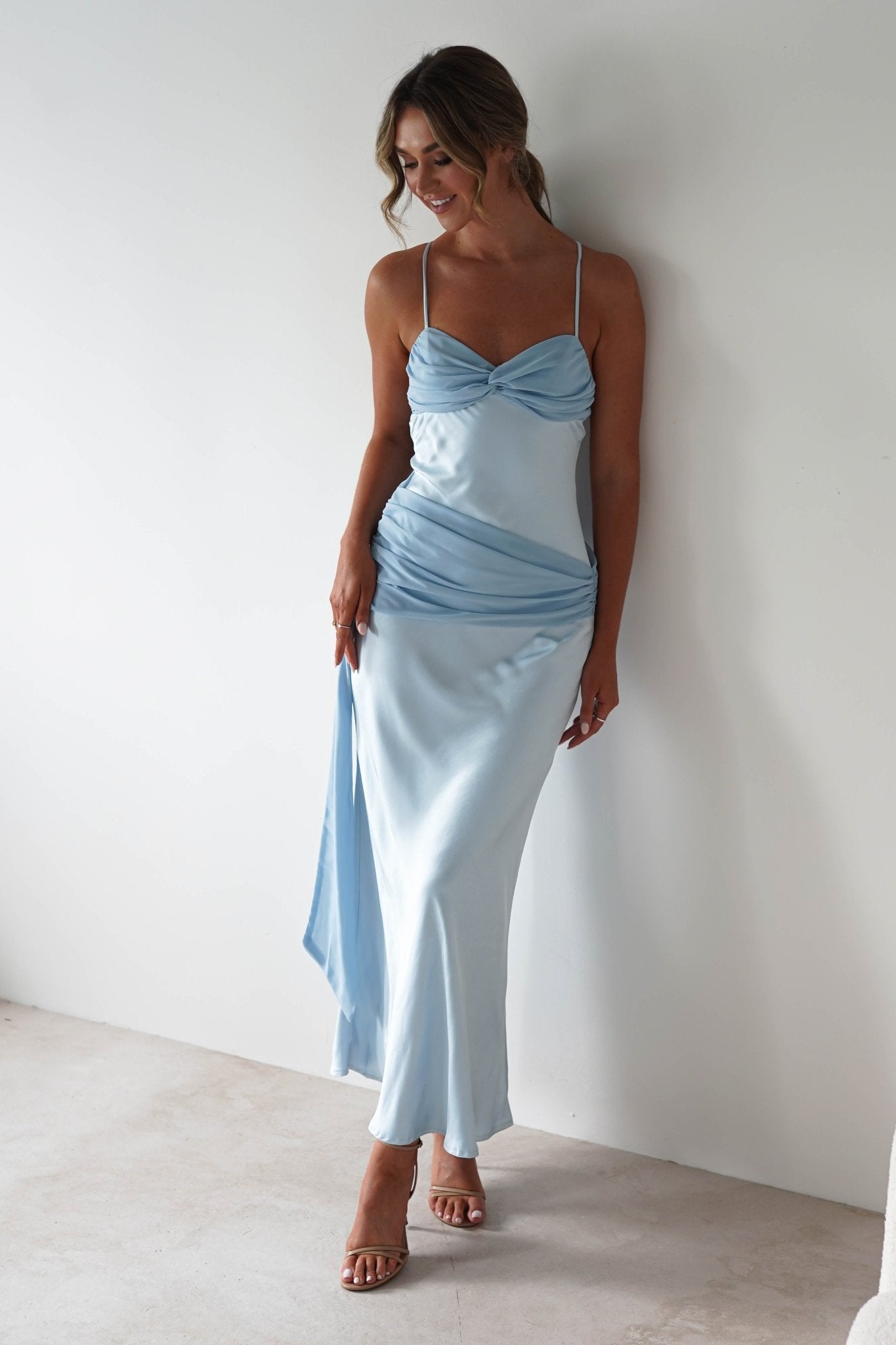 Natasha Satin Draped Maxi Dress | Blue | Oh Hello Clothing | XS (6)