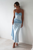 Natasha Satin Draped Maxi Dress Blue | Wedding Guest Dress | Draped Skirt | Maxi | Oh Hello Clothing