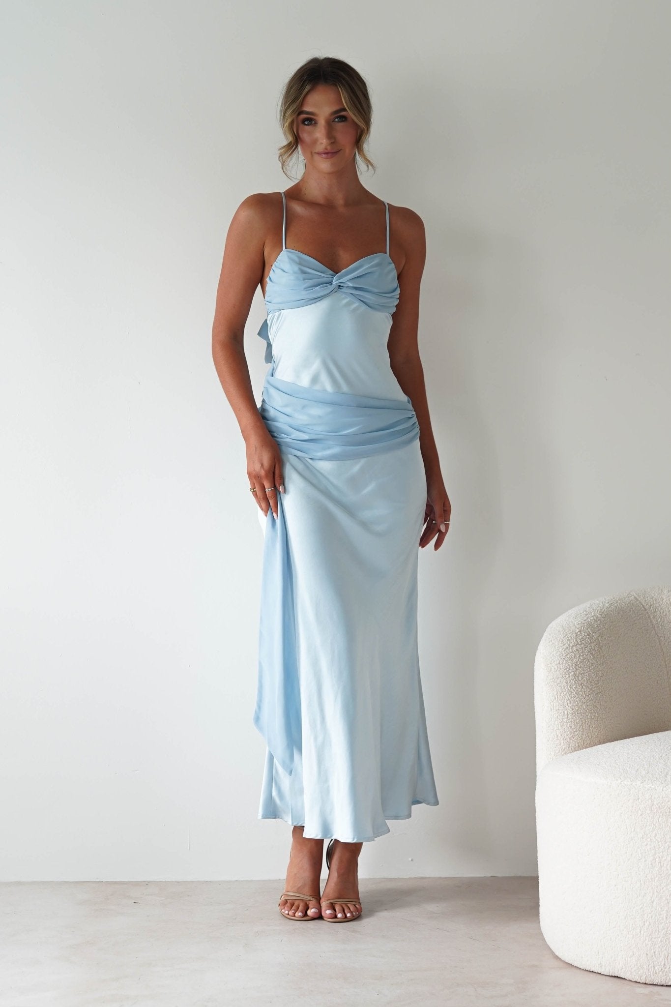 Natasha Satin Draped Maxi Dress | Blue | Oh Hello Clothing | XS (6)