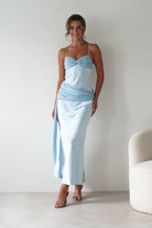 Natasha Satin Draped Maxi Dress Blue | Wedding Guest Dress | Draped Skirt | Maxi | Oh Hello Clothing