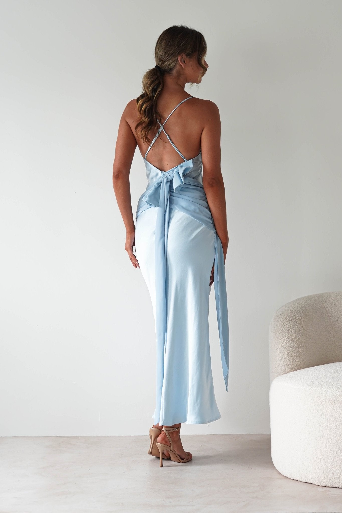 Natasha Satin Draped Maxi Dress | Blue | Oh Hello Clothing | XS (6)