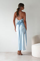 Natasha Satin Draped Maxi Dress Blue | Wedding Guest Dress | Draped Skirt | Maxi | Oh Hello Clothing