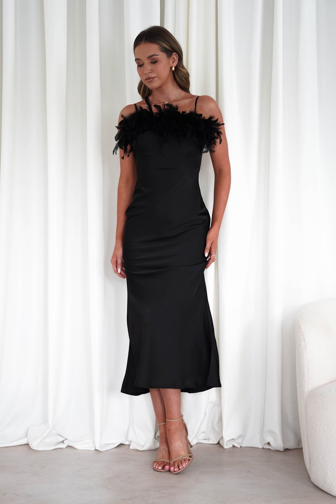 Neve Silky Satin Feather Slip Dress Black | Wedding Guest Dress