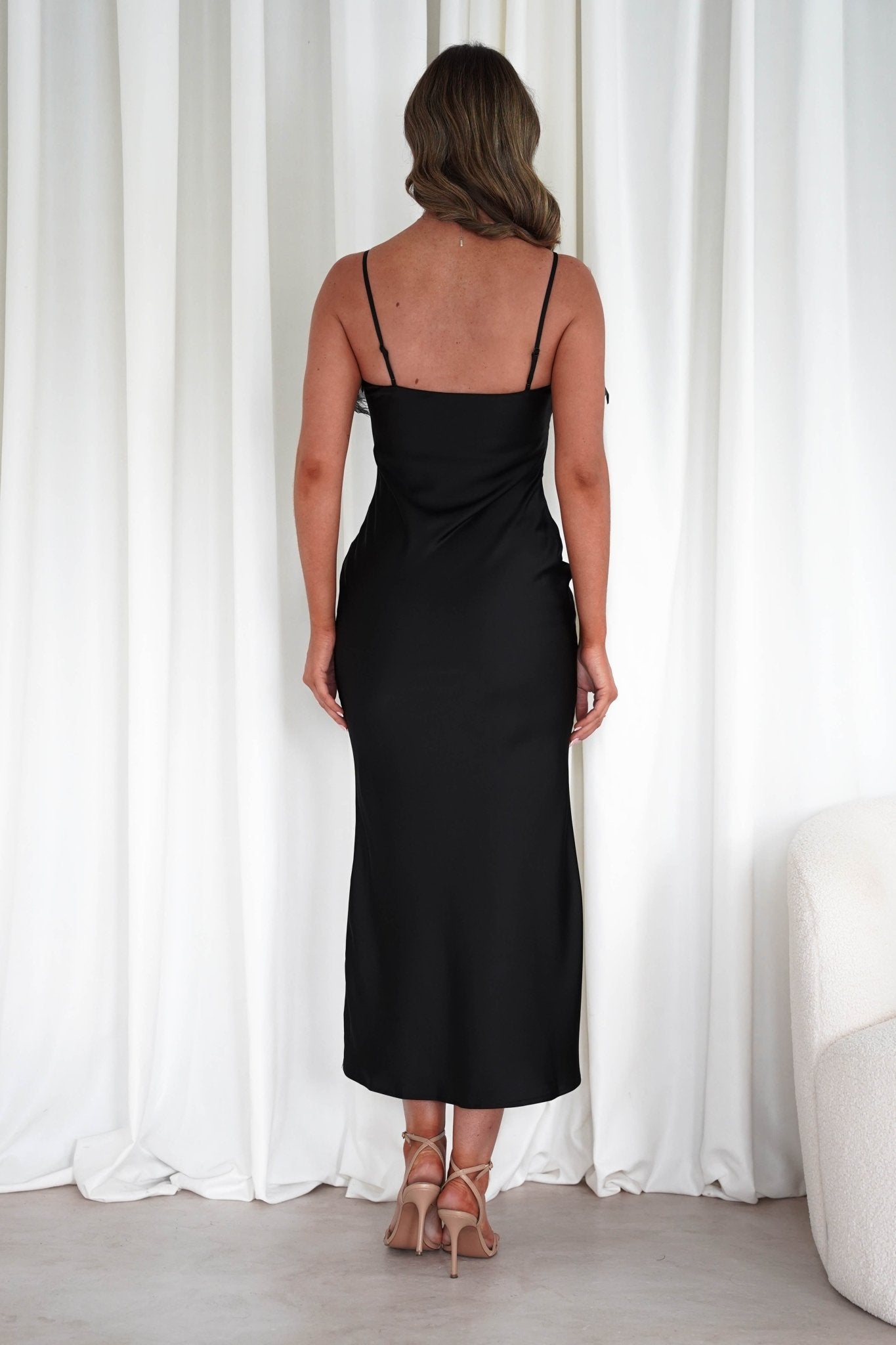 Neve Silky Satin Feather Slip Dress Black | Wedding Guest Dress