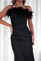 Neve Silky Satin Feather Slip Dress Black | Wedding Guest Dress | Satin | Oh Hello Clothing