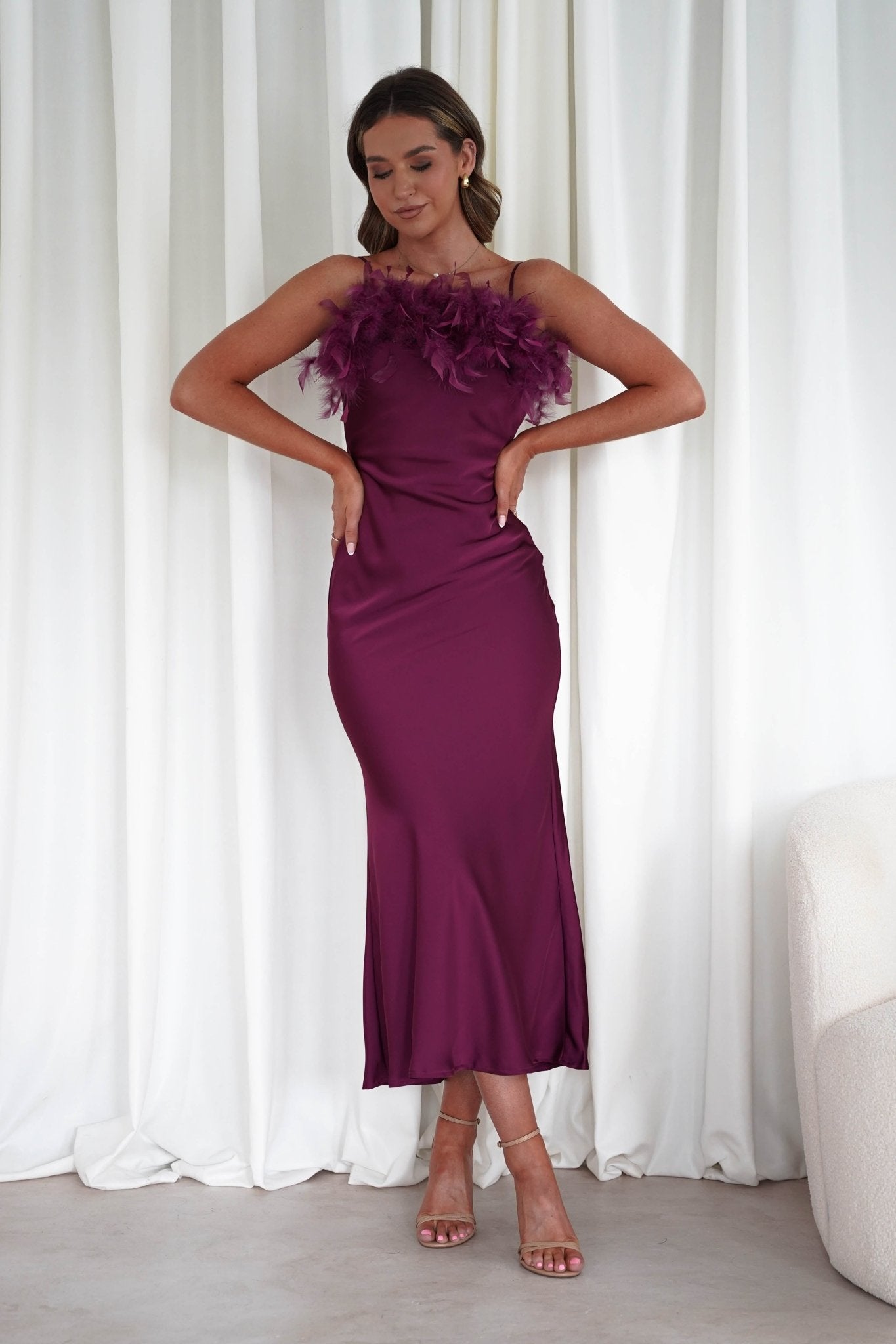 Neve Silky Satin Feather Slip Dress | Plum | Oh Hello Clothing | S (8)