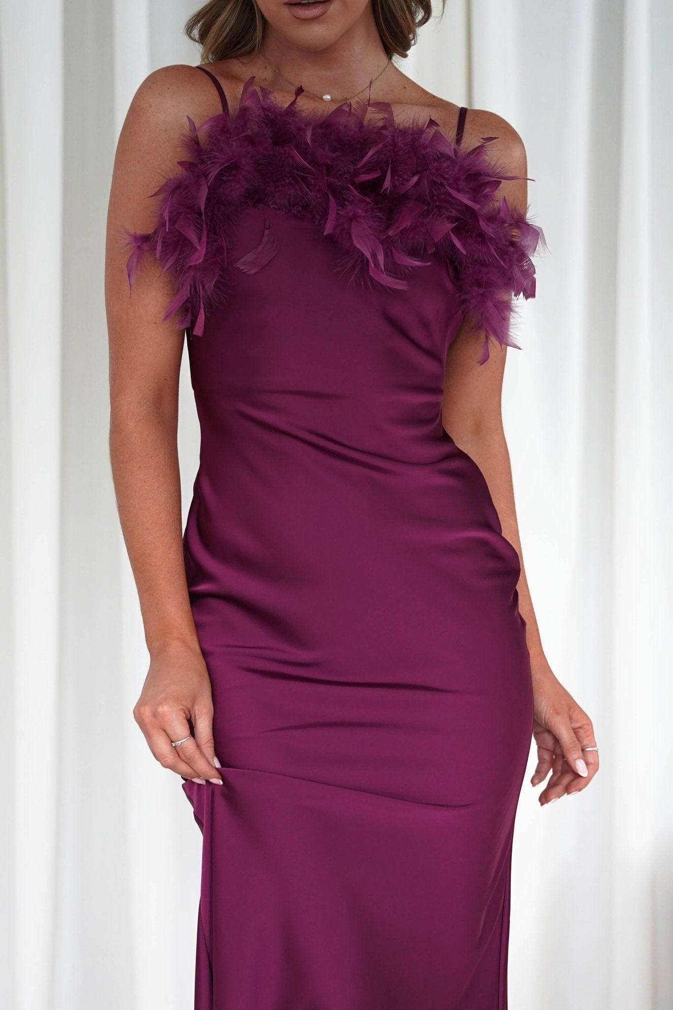 Neve Silky Satin Feather Slip Dress | Plum | Oh Hello Clothing | S (8)