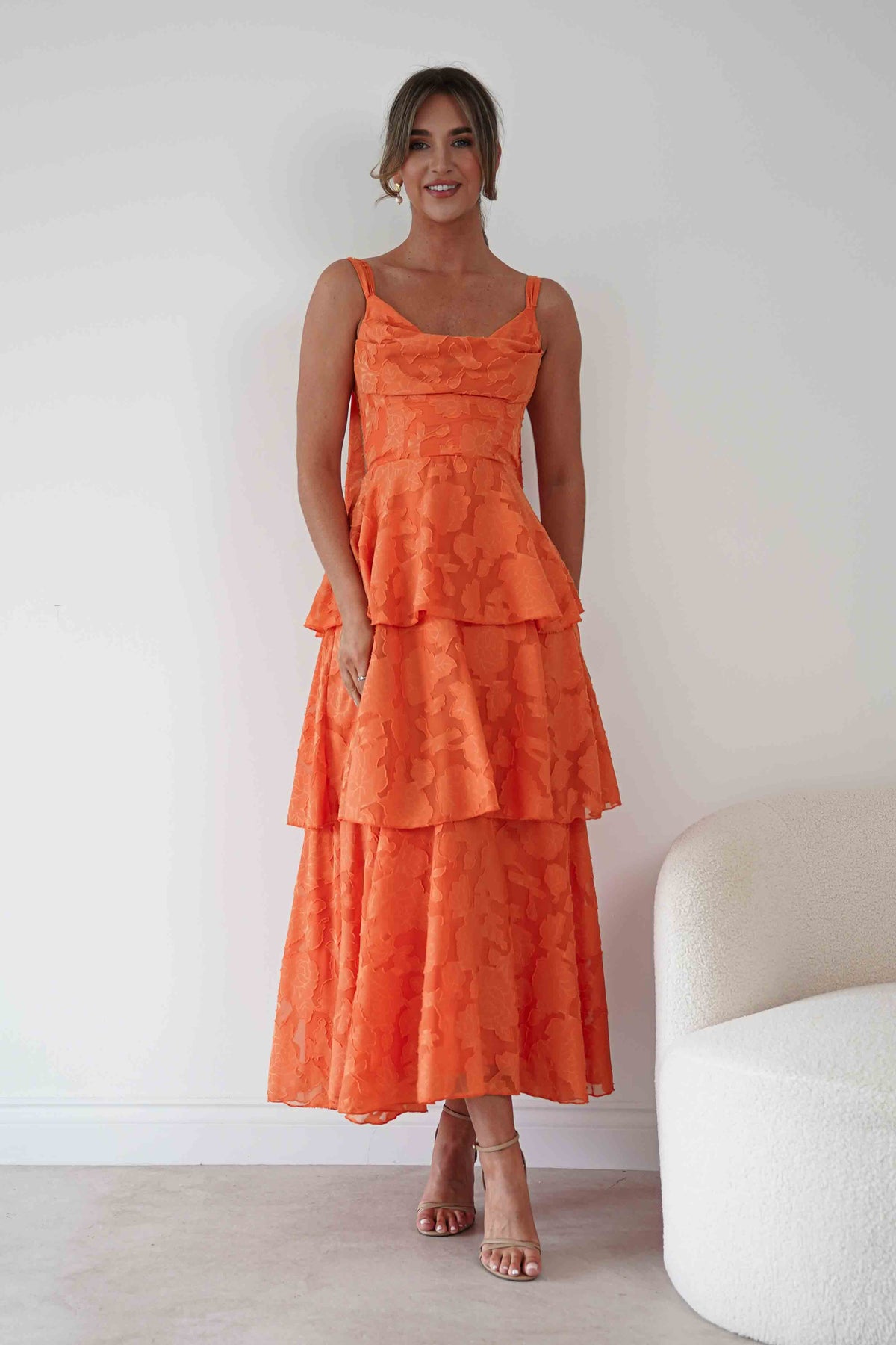 Oh Hello Clothing Women > Clothing > Dresses Niama Floral Jacquard Tiered Maxi Dress | Orange