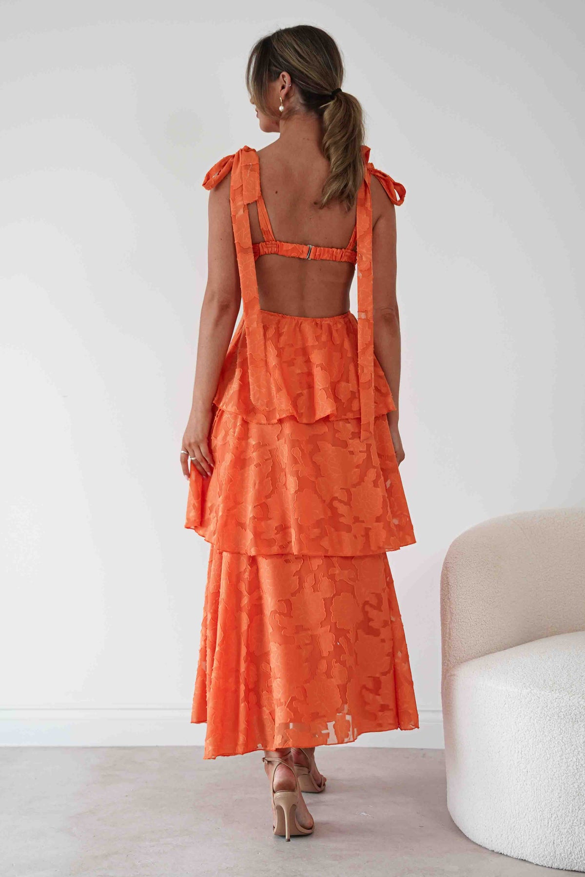Oh Hello Clothing Women > Clothing > Dresses Niama Floral Jacquard Tiered Maxi Dress | Orange