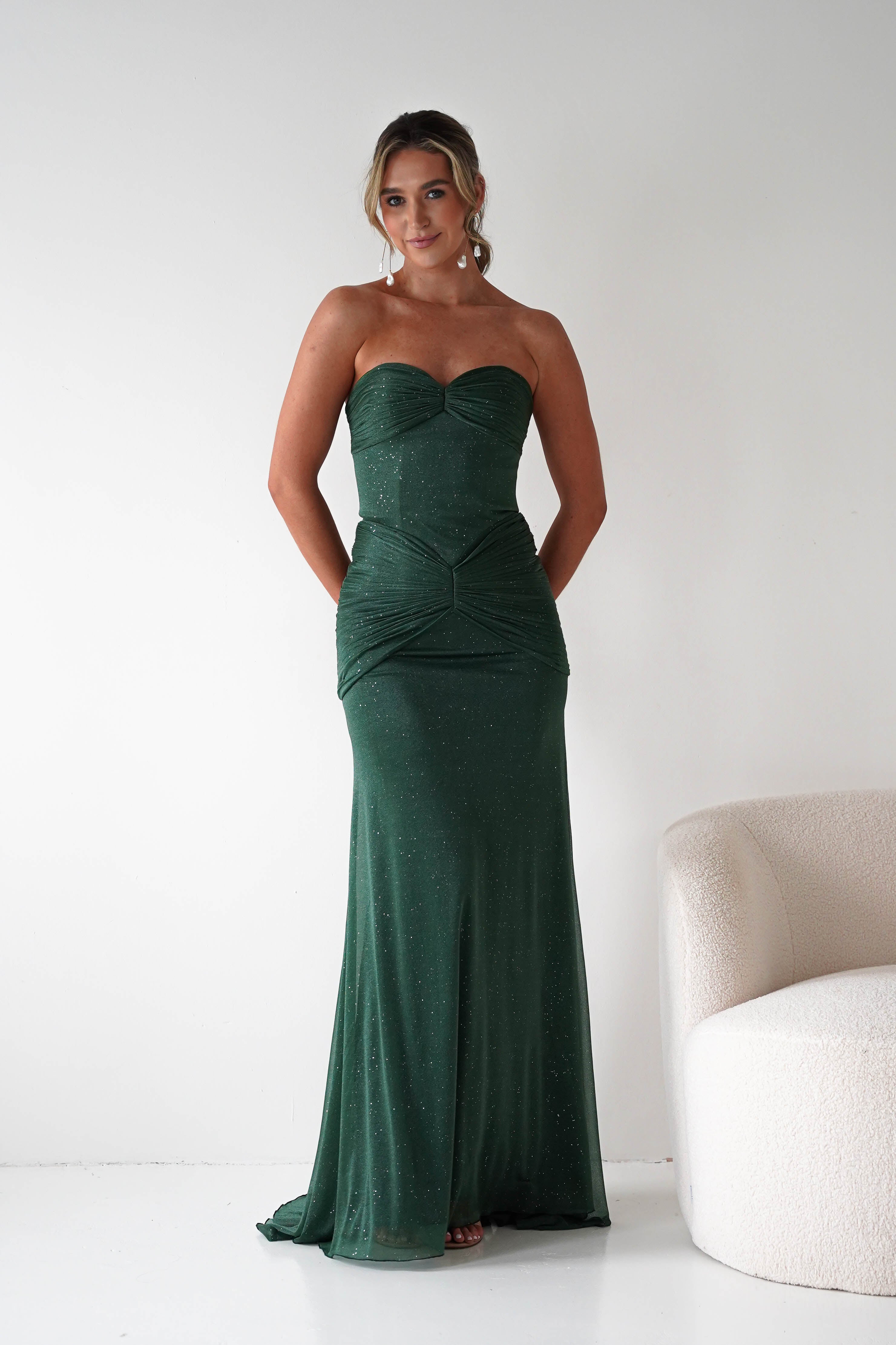 Oh Hello Clothing Dresses Nicola Strapless Glitter Gown | Green