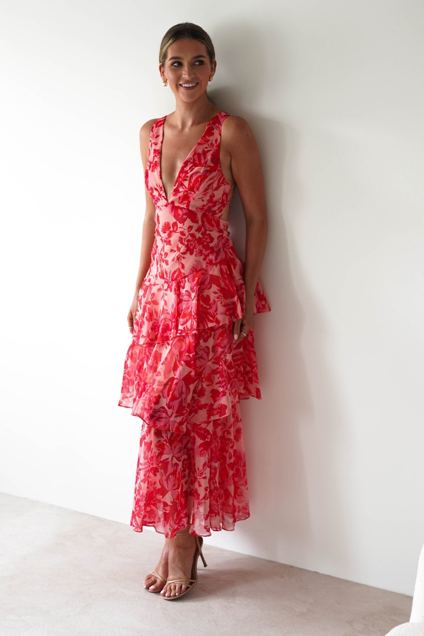 Nicolette Ruffle Maxi Dress | Red Print | Oh Hello Clothing | XS (6)