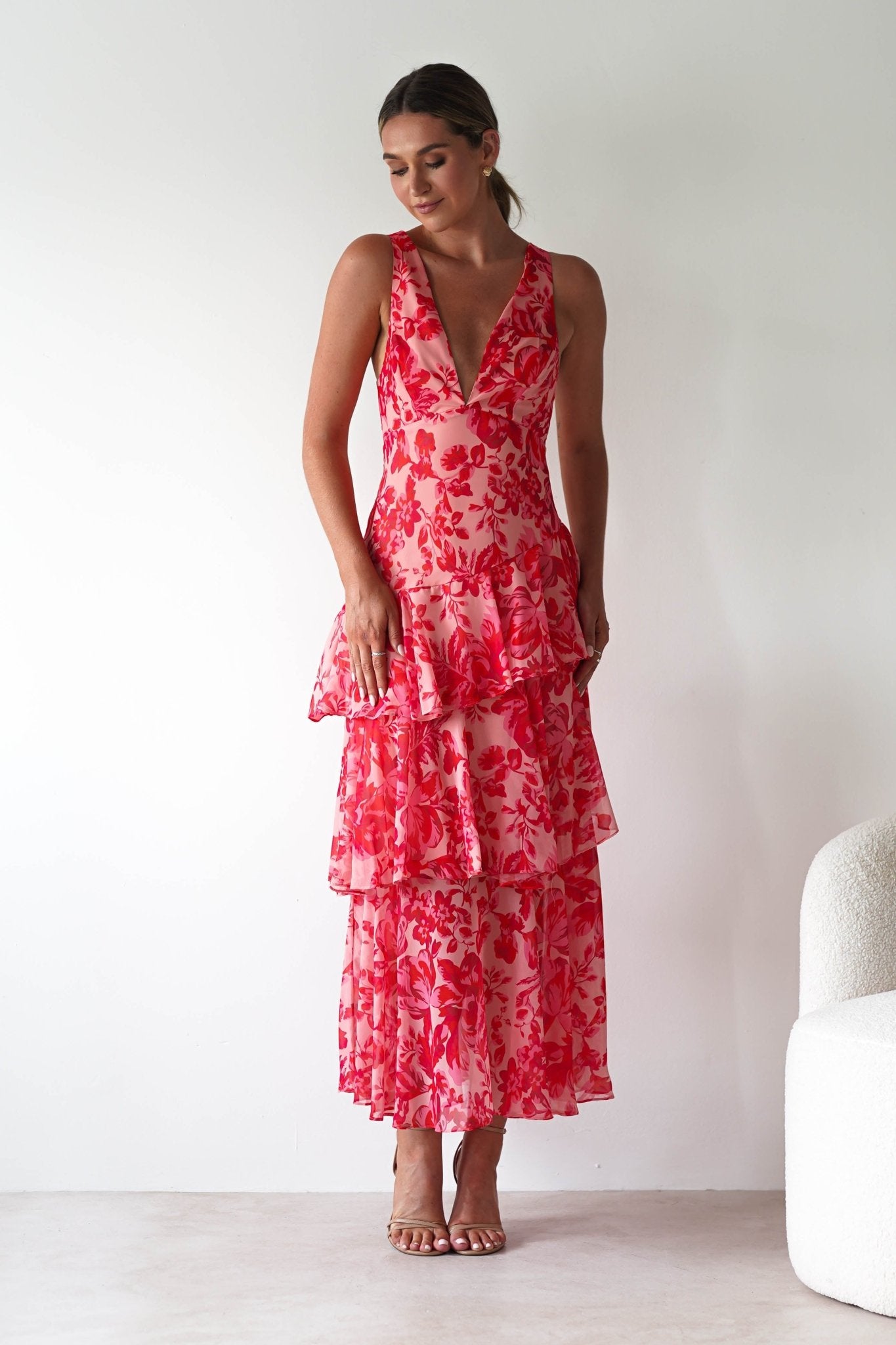 Nicolette Ruffle Maxi Dress | Red Print | Oh Hello Clothing | XS (6)