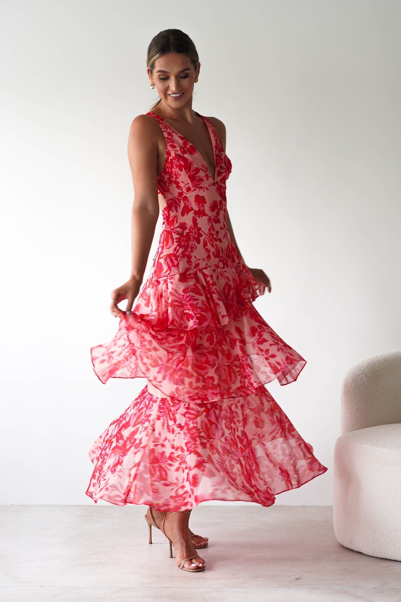Nicolette Ruffle Maxi Dress | Red Print | Oh Hello Clothing | XS (6)