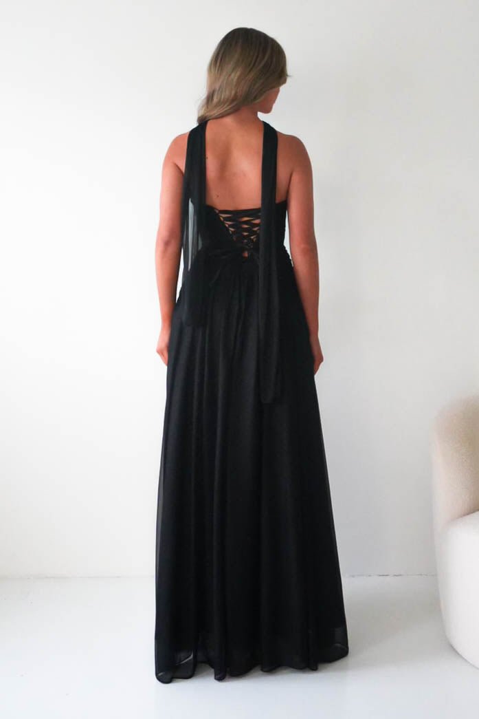 Oh Hello Clothing Dresses Nicolette Strapless Chiffon Maxi Gown | Black