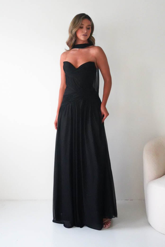 Oh Hello Clothing Dresses Nicolette Strapless Chiffon Maxi Gown | Black