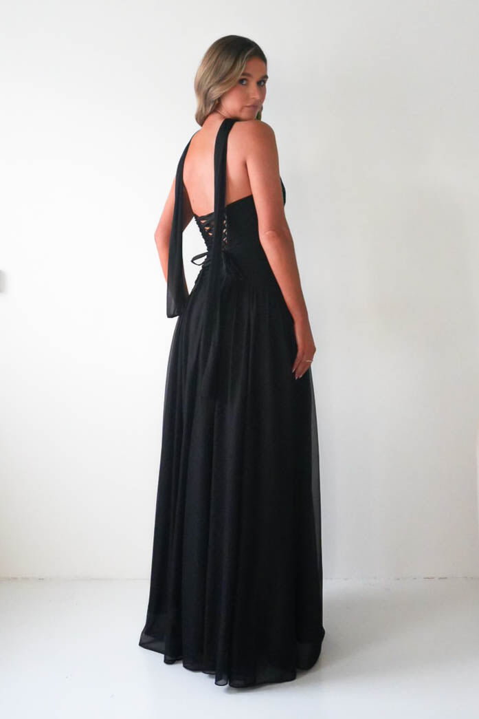 Oh Hello Clothing Dresses Nicolette Strapless Chiffon Maxi Gown | Black