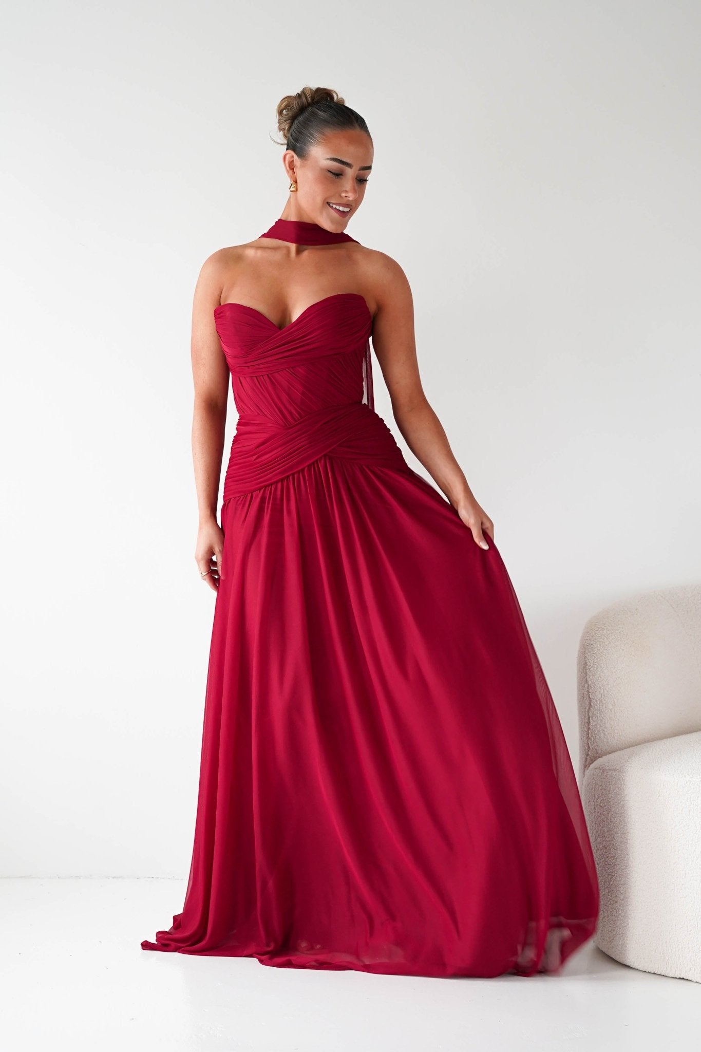 Oh Hello Clothing Dresses Nicolette Strapless Chiffon Maxi Gown | Dark Red