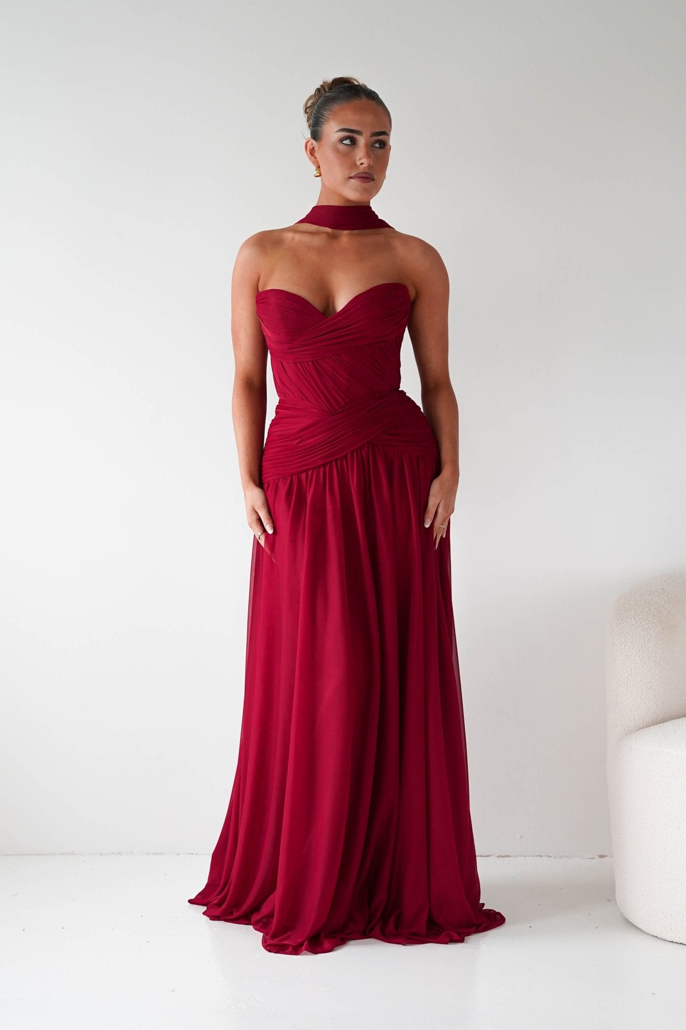 Oh Hello Clothing Dresses Nicolette Strapless Chiffon Maxi Gown | Dark Red