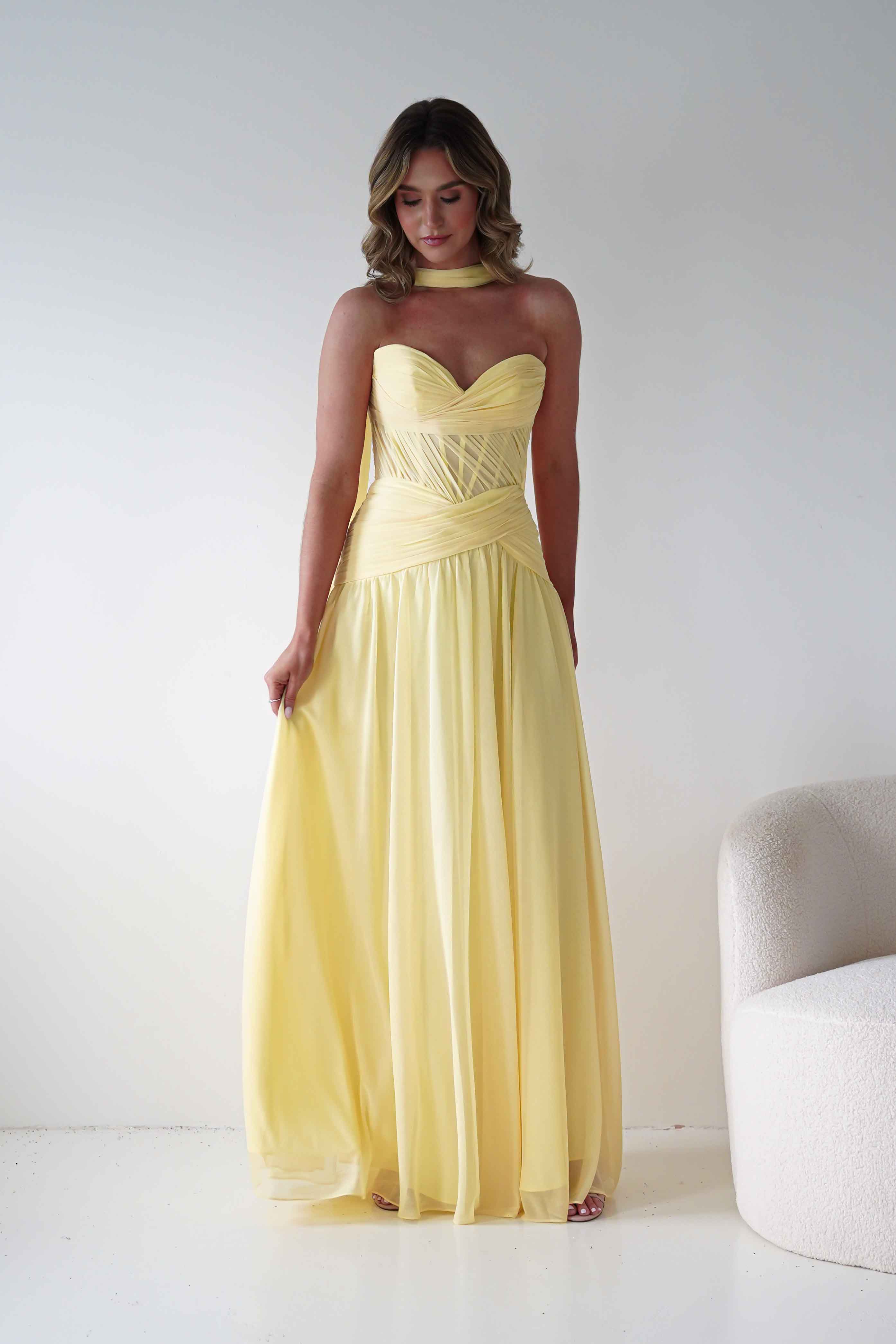Oh Hello Clothing Women > Clothing > Dresses Nicolette Strapless Chiffon Maxi Gown | Yellow