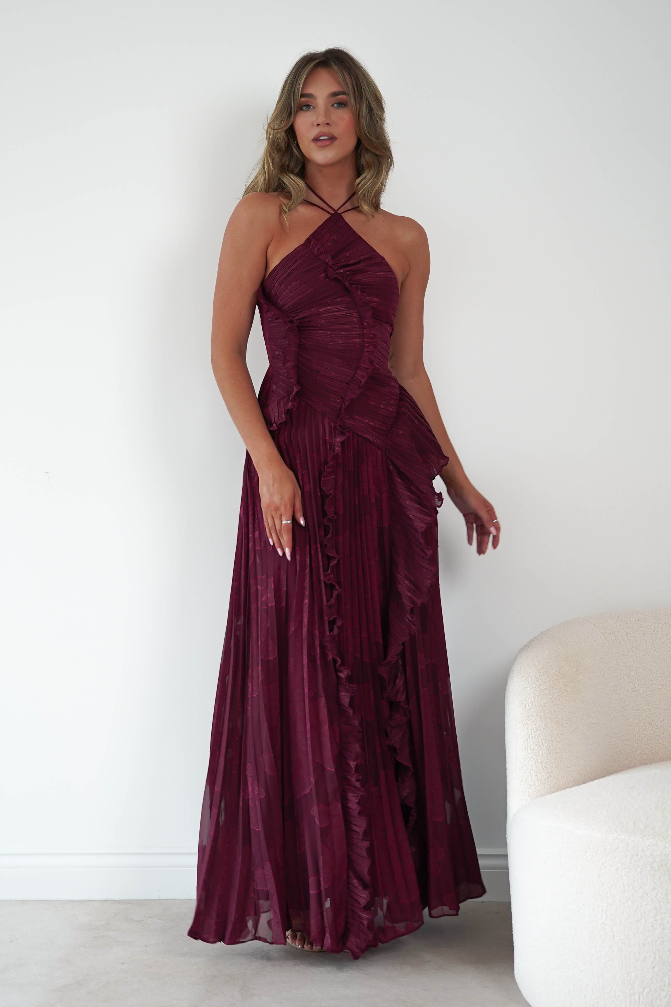 Oh Hello Clothing Women > Clothing > Dresses Oaklyn Floral Textured Ruffle Pleated Maxi Dress | Wine
