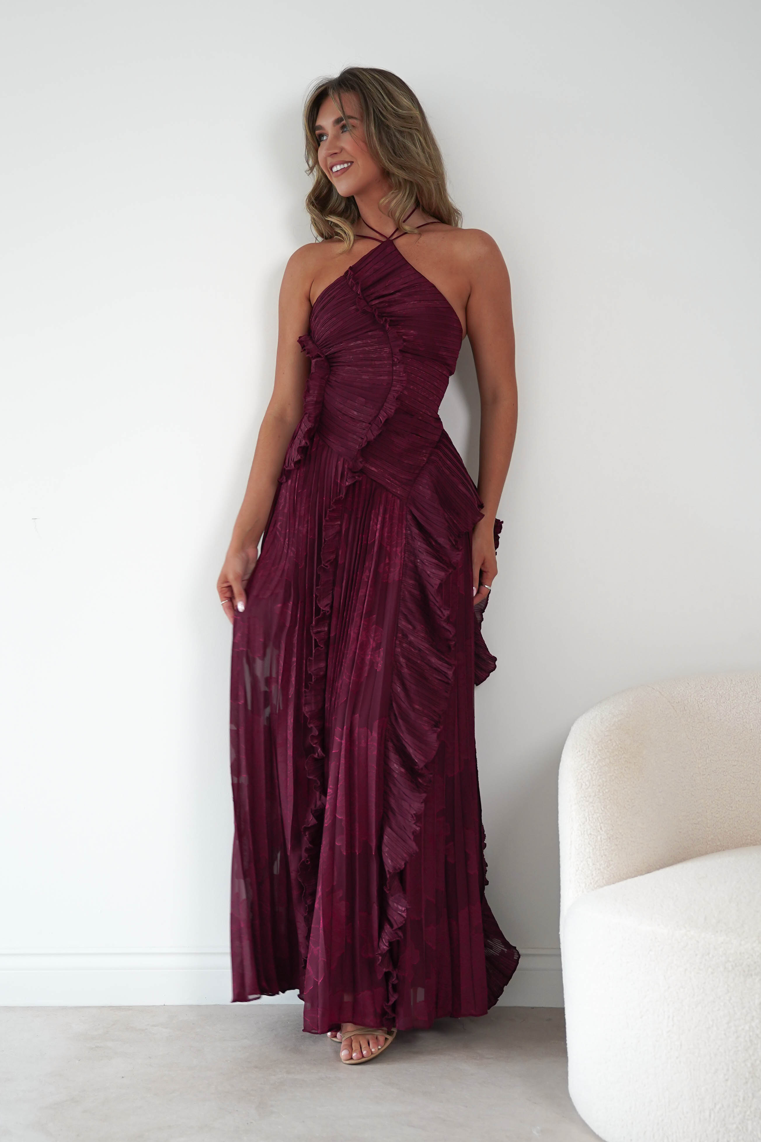 Oh Hello Clothing Women > Clothing > Dresses Oaklyn Floral Textured Ruffle Pleated Maxi Dress | Wine