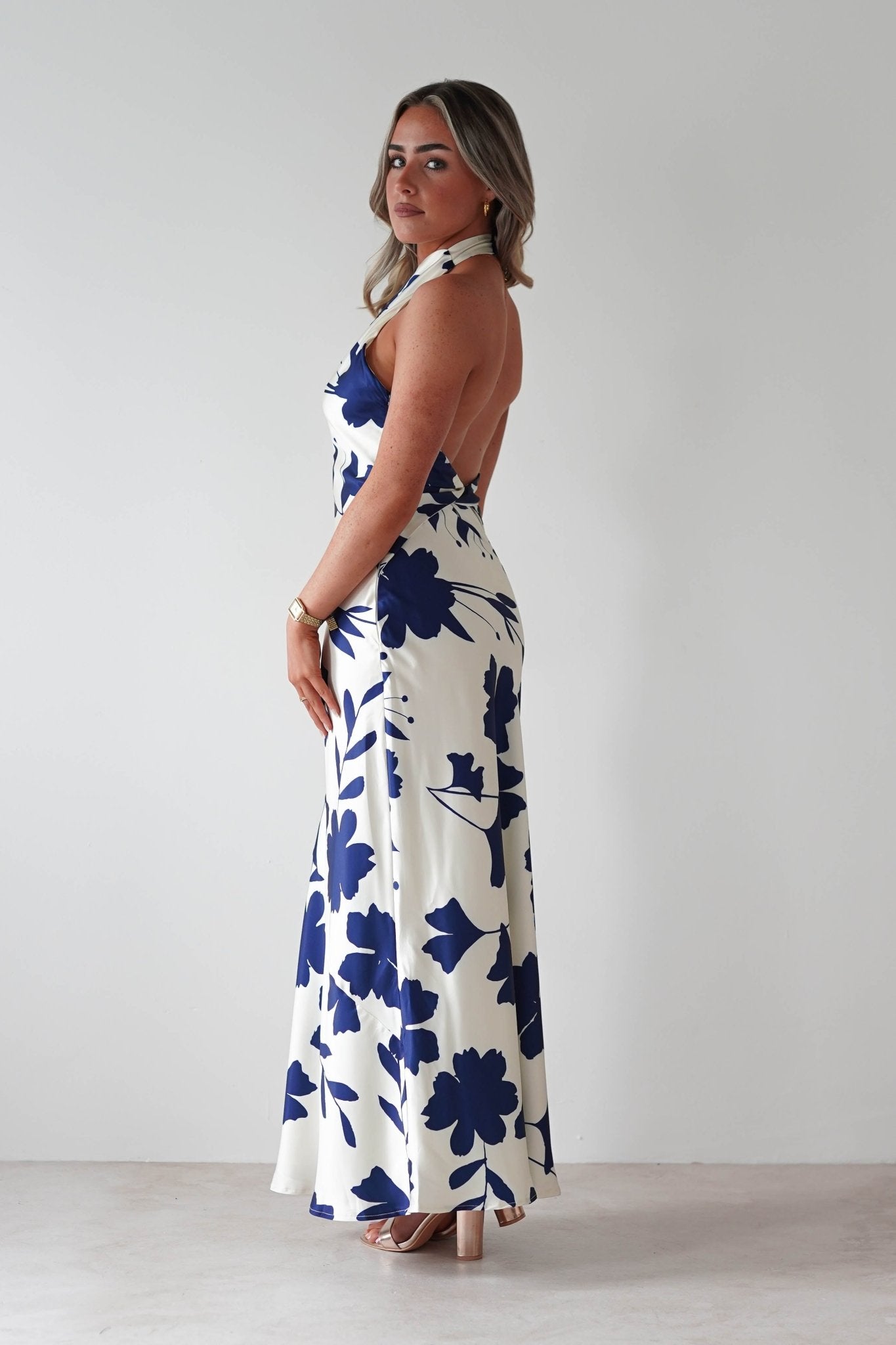 Pagoda Floral Satin Maxi Dress | Cream/Navy | Oh Hello Clothing | XS (6)