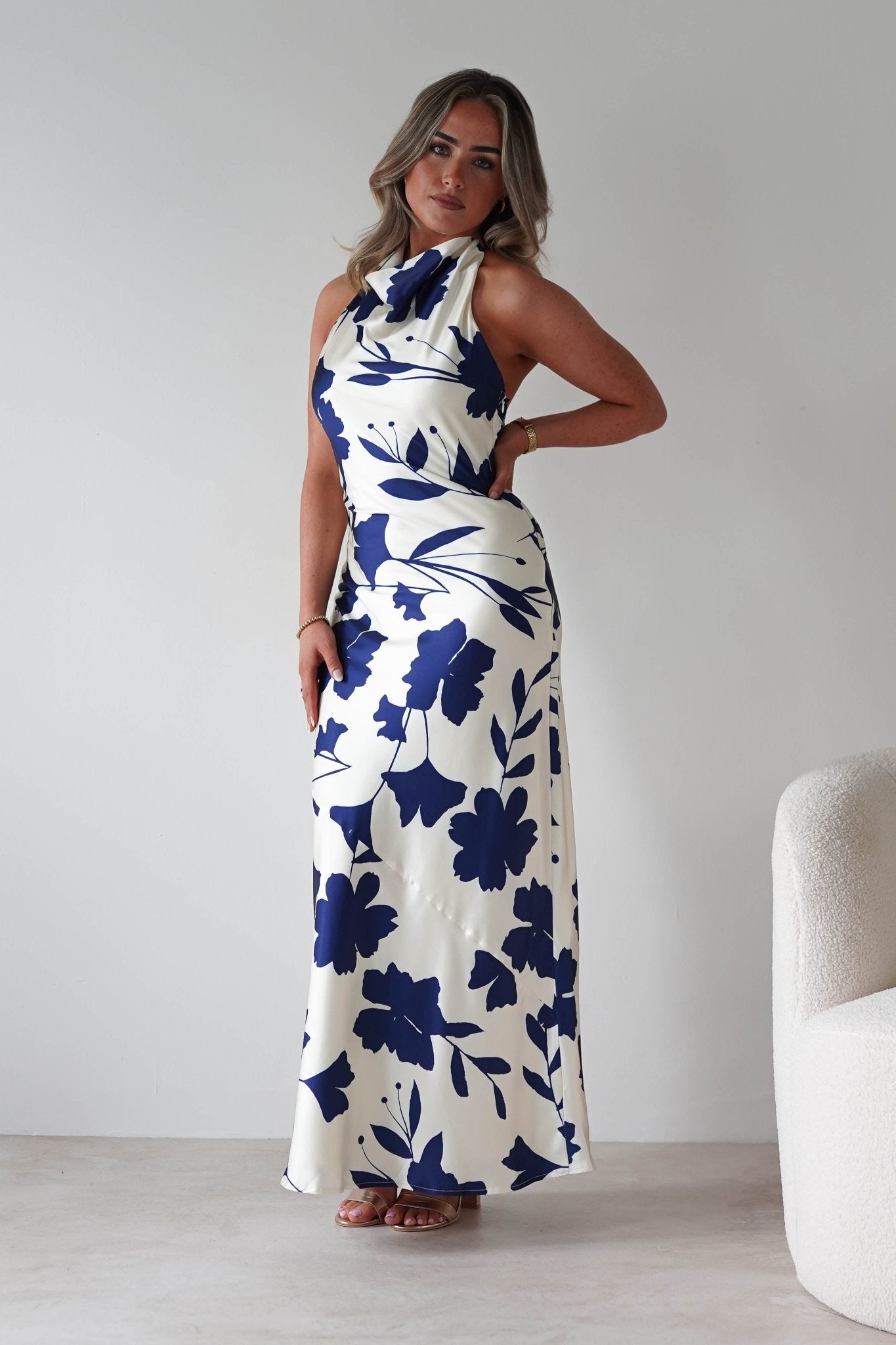 Pagoda Floral Satin Maxi Dress | Cream/Navy | Oh Hello Clothing | XS (6)