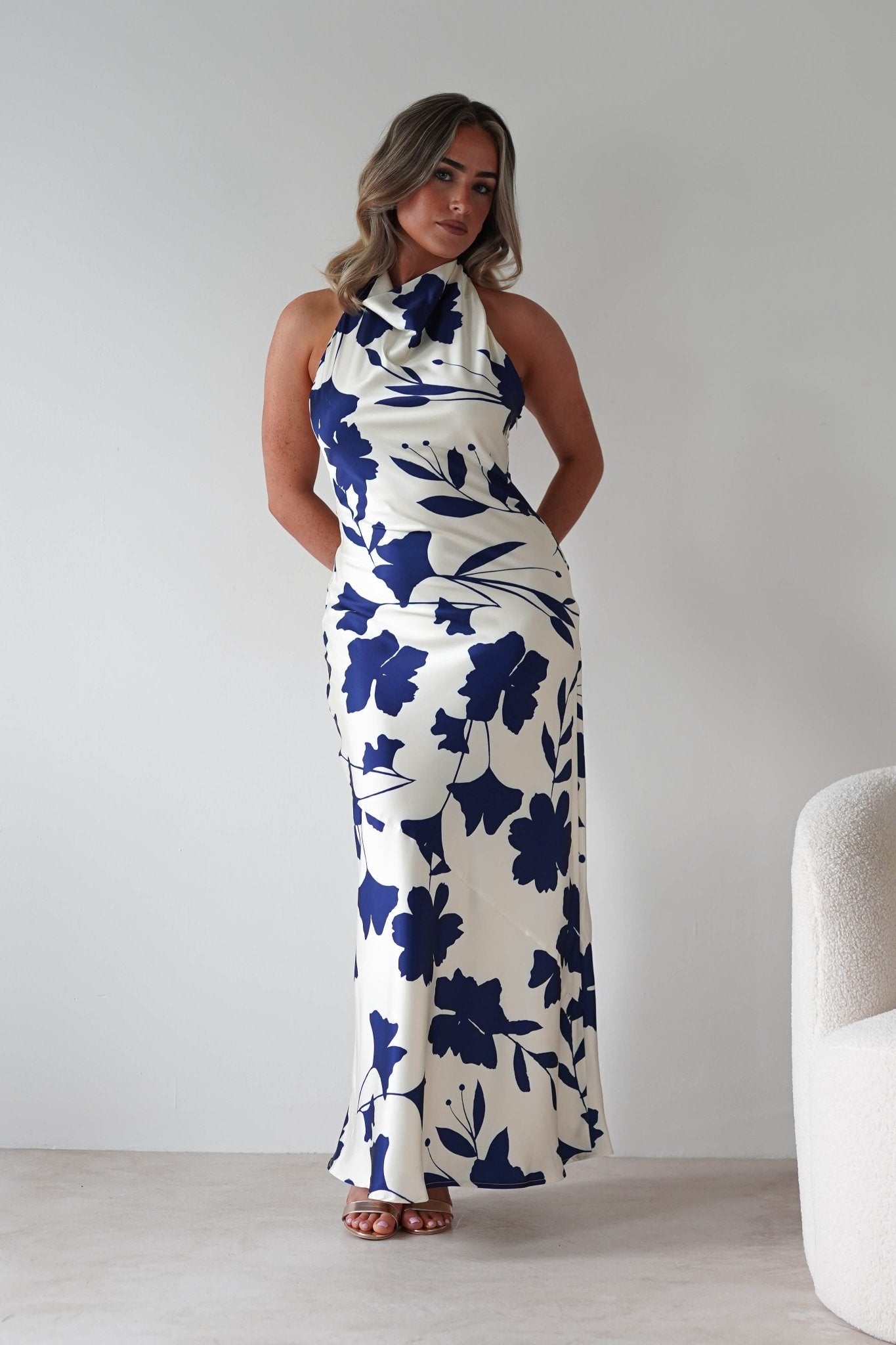 Pagoda Floral Satin Maxi Dress | Cream/Navy | Oh Hello Clothing | XS (6)