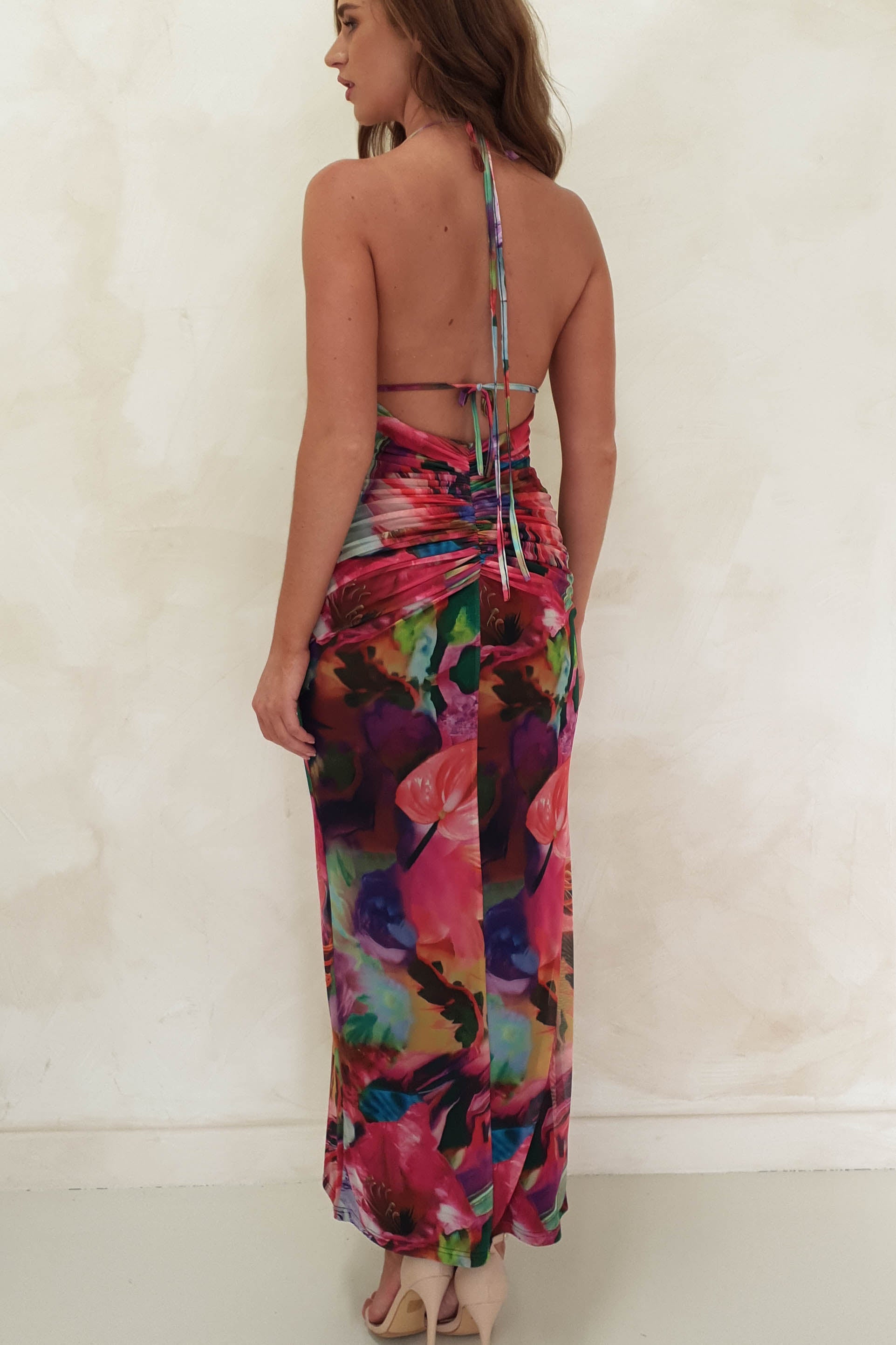 Mixed Print Open Back Maxi Dress