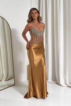 Oh Hello Clothing Dresses 1*DONE -CINDERALLA-CDS538-Gold Crystal-Embellished Sheer Corset Evening Gown