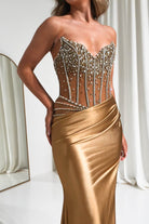 Oh Hello Clothing Dresses 1*DONE -CINDERALLA-CDS538-Gold Crystal-Embellished Sheer Corset Evening Gown