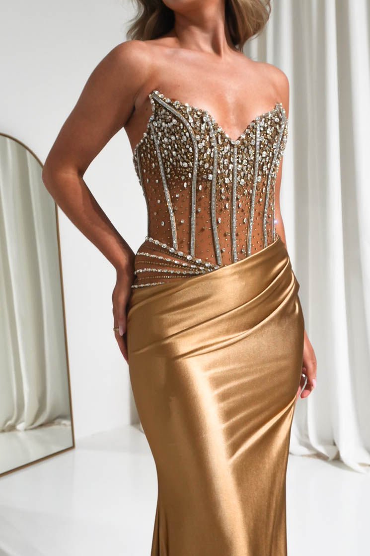 Oh Hello Clothing Dresses 1*DONE -CINDERALLA-CDS538-Gold Crystal-Embellished Sheer Corset Evening Gown